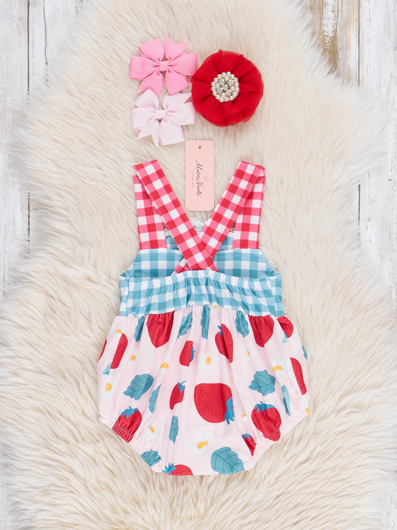 Gingham Strawberry Ruffle Bubble Romper - Marie Nicole Clothing