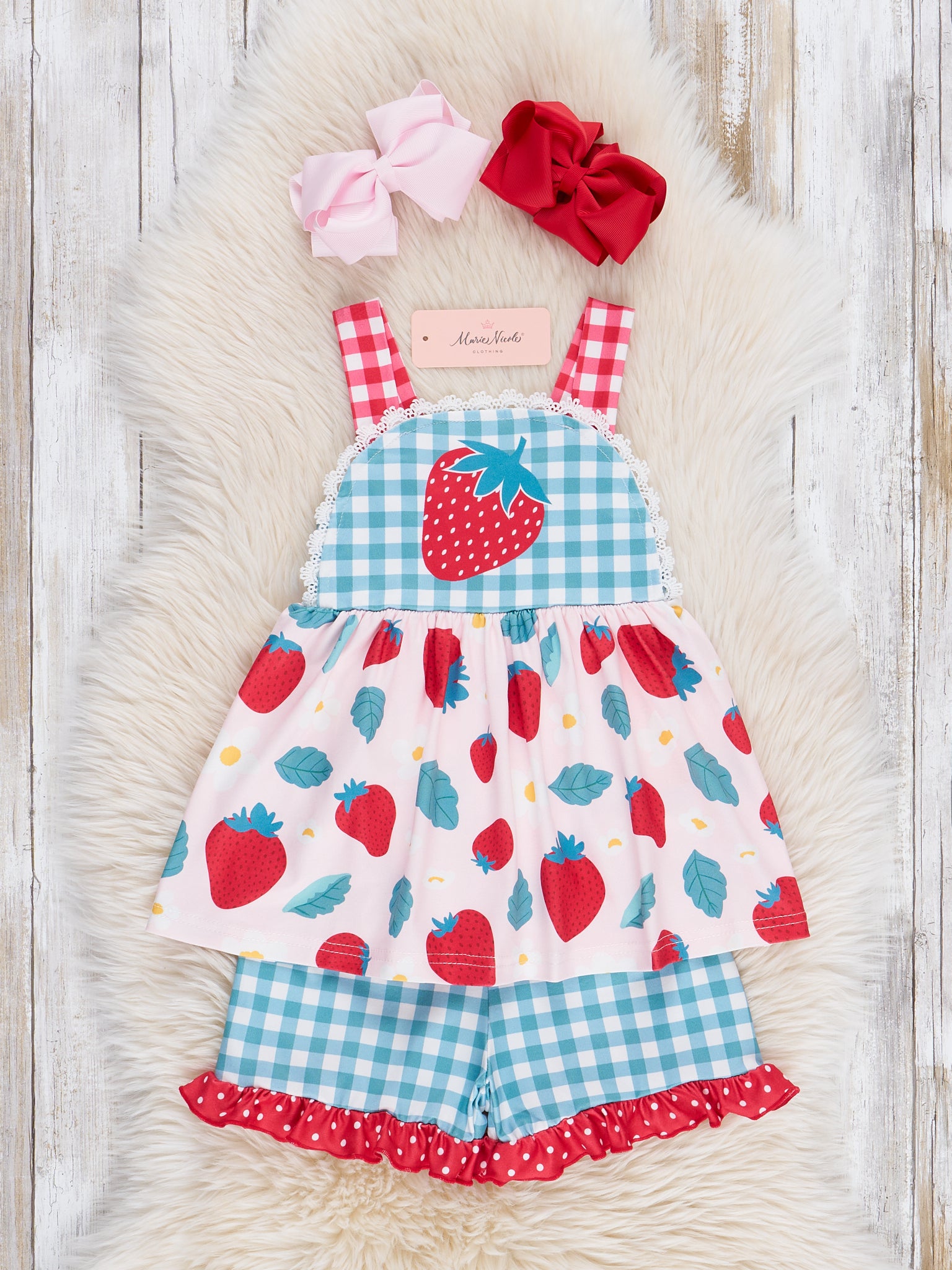 Gingham Strawberry Ruffle Outfit - Marie Nicole Clothing