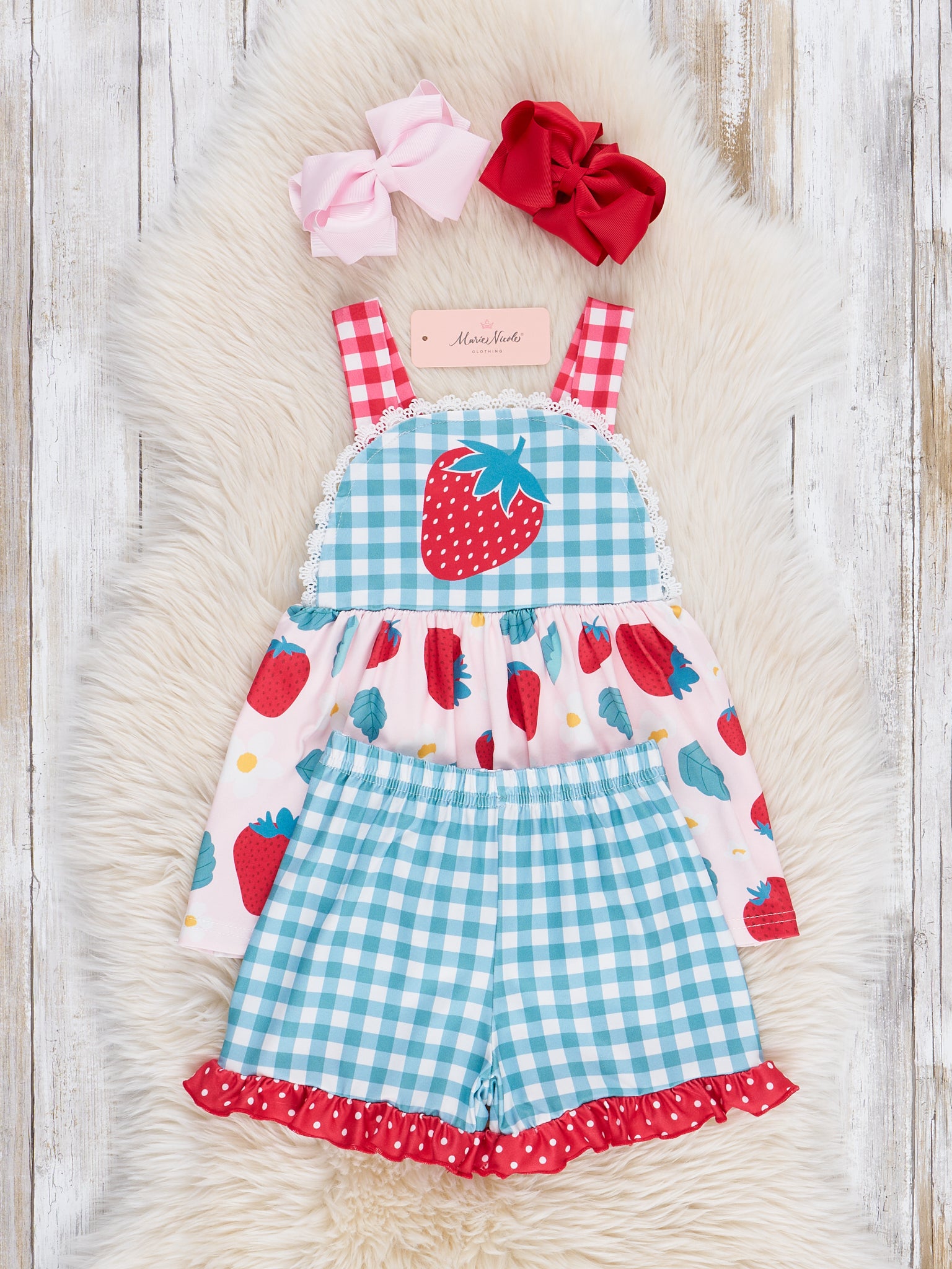 Gingham Strawberry Ruffle Outfit - Marie Nicole Clothing