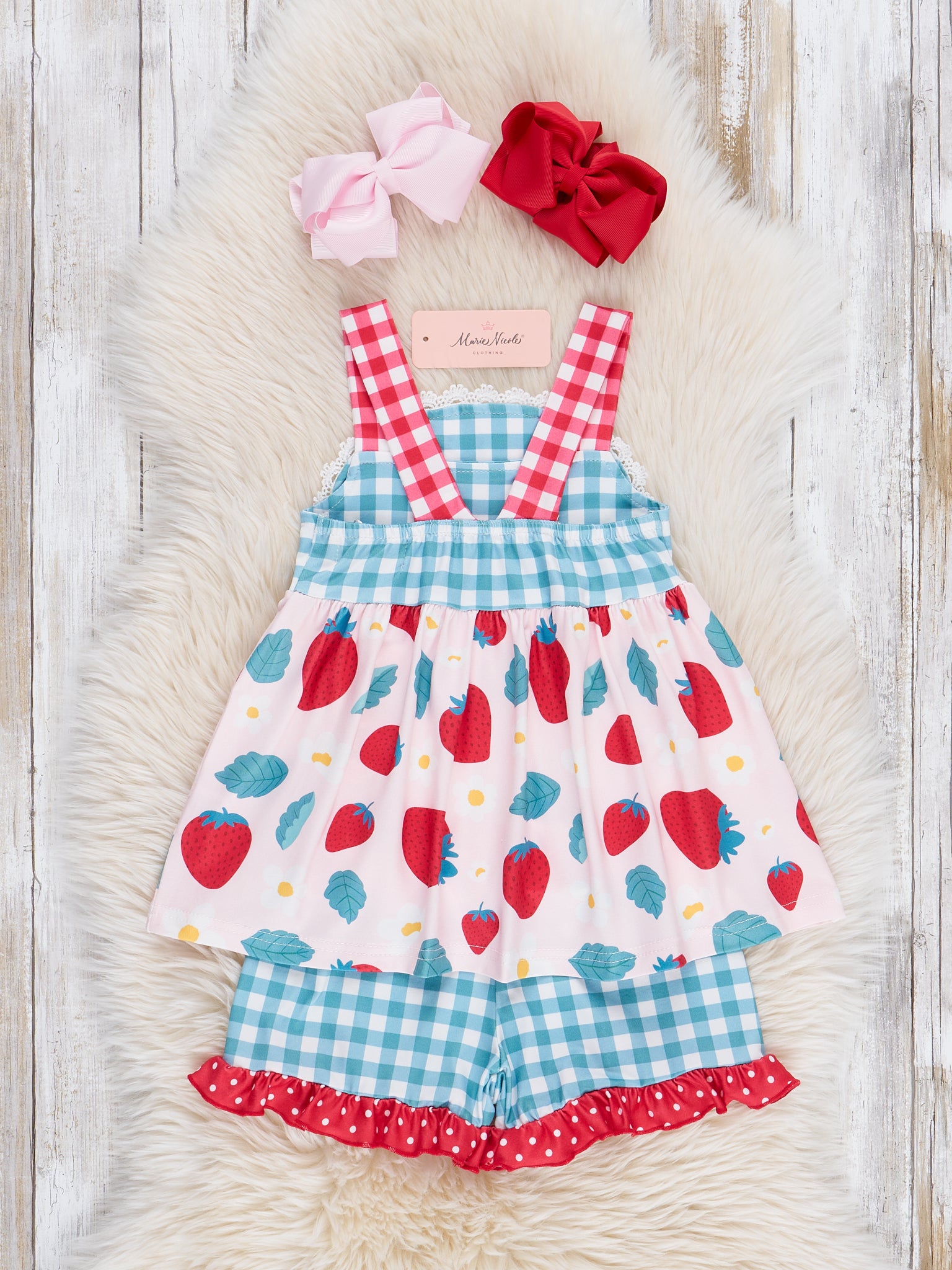 Gingham Strawberry Ruffle Outfit - Marie Nicole Clothing