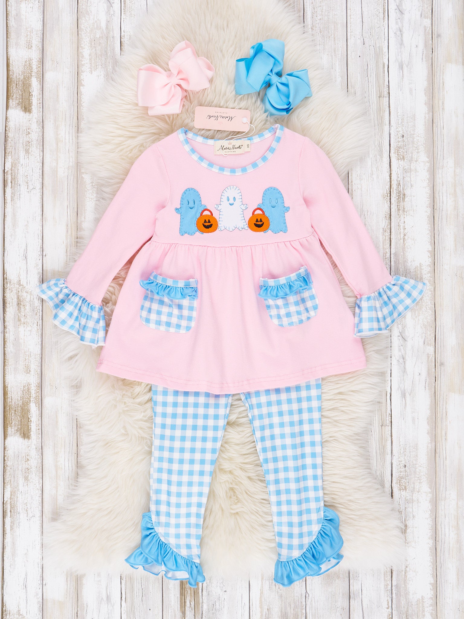 Pink & Blue Gingham Ghost Ruffle Outfit - Marie Nicole Clothing