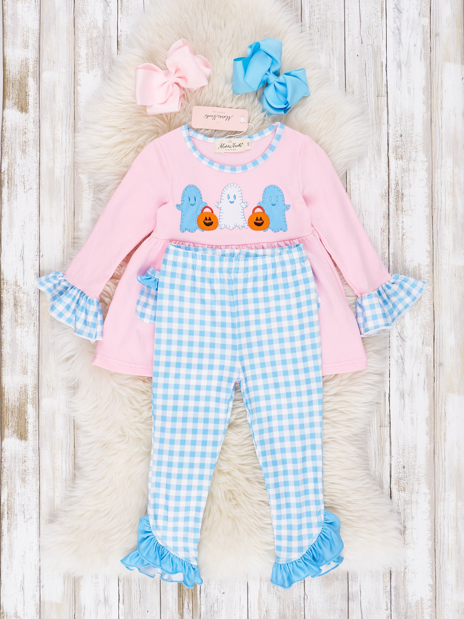 Pink & Blue Gingham Ghost Ruffle Outfit - Marie Nicole Clothing
