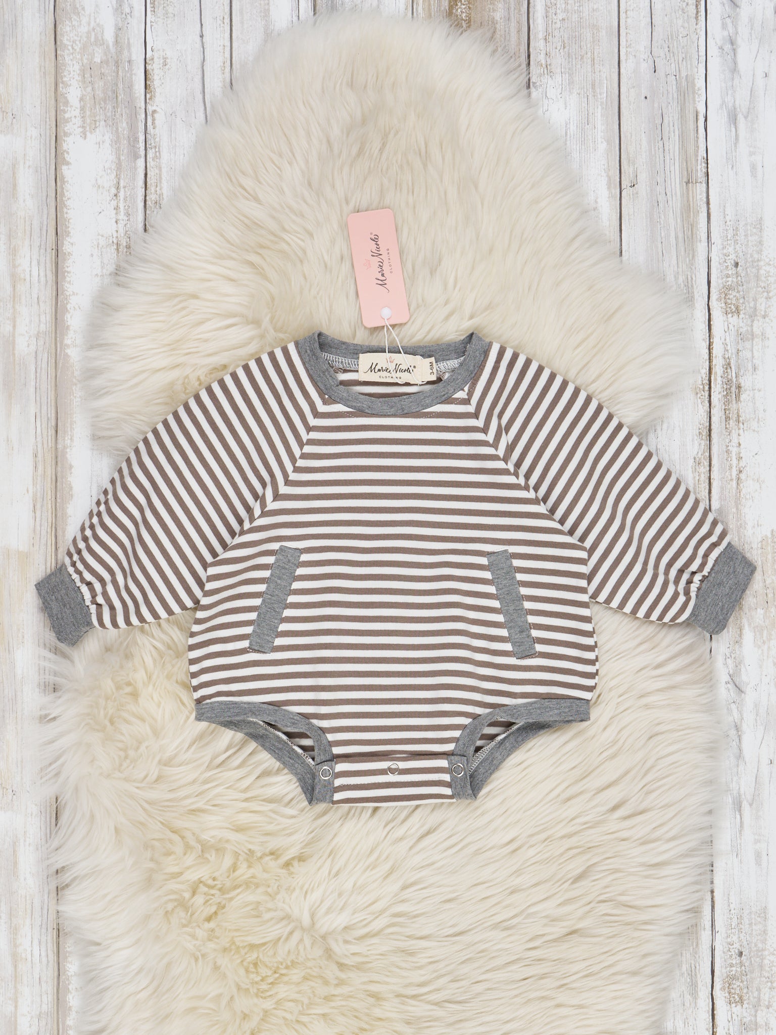 Tan Long Sleeve Fall Stripe Romper - Marie Nicole Clothing