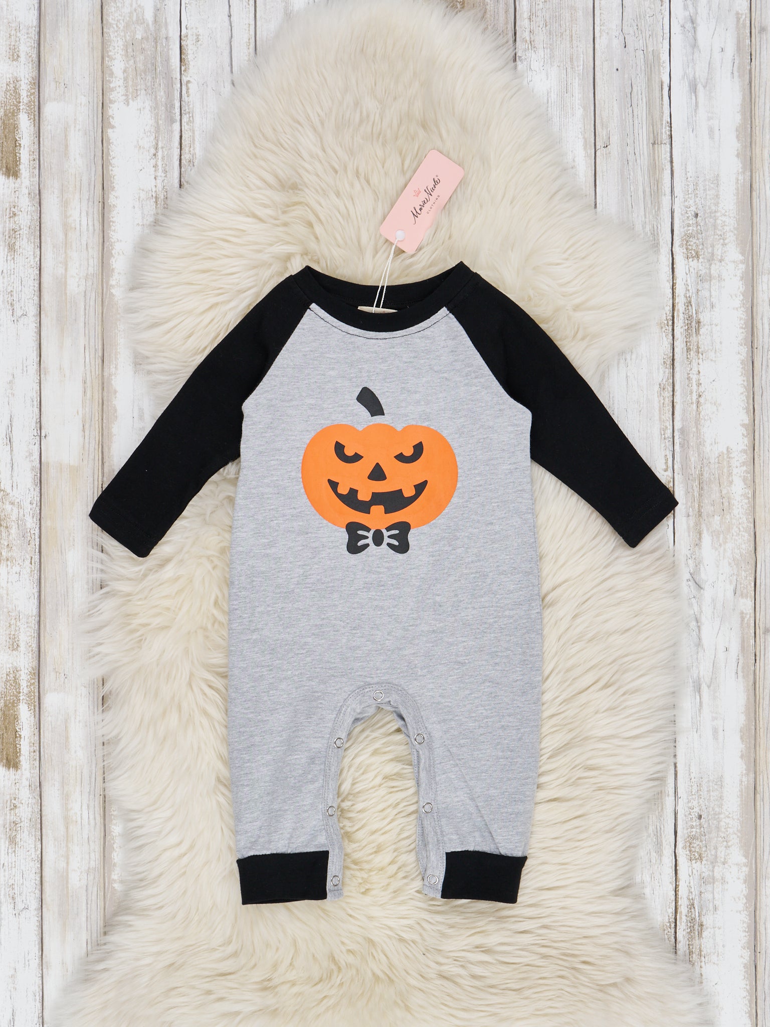 Embroidered Jack - O - Lantern Raglan Romper - Marie Nicole Clothing