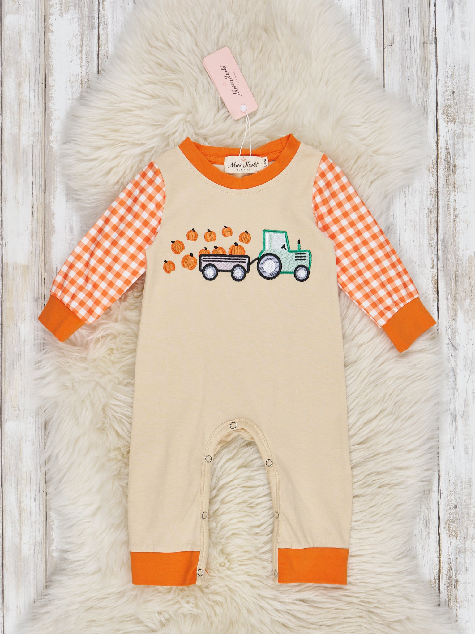 Orange Gingham Pumpkin Truck Romper - Marie Nicole Clothing