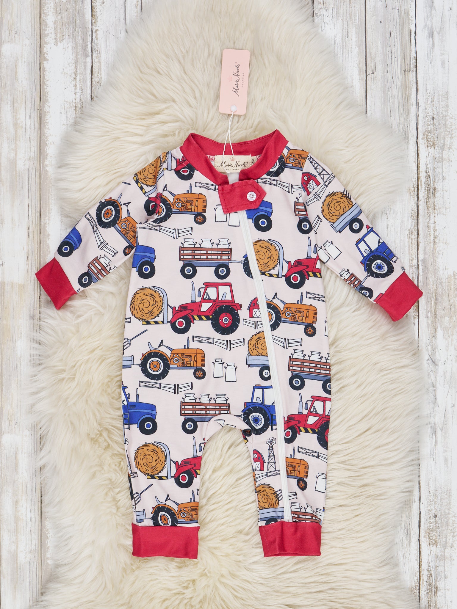 Red & Blue Tractor Sleeper Pajamas - Marie Nicole Clothing