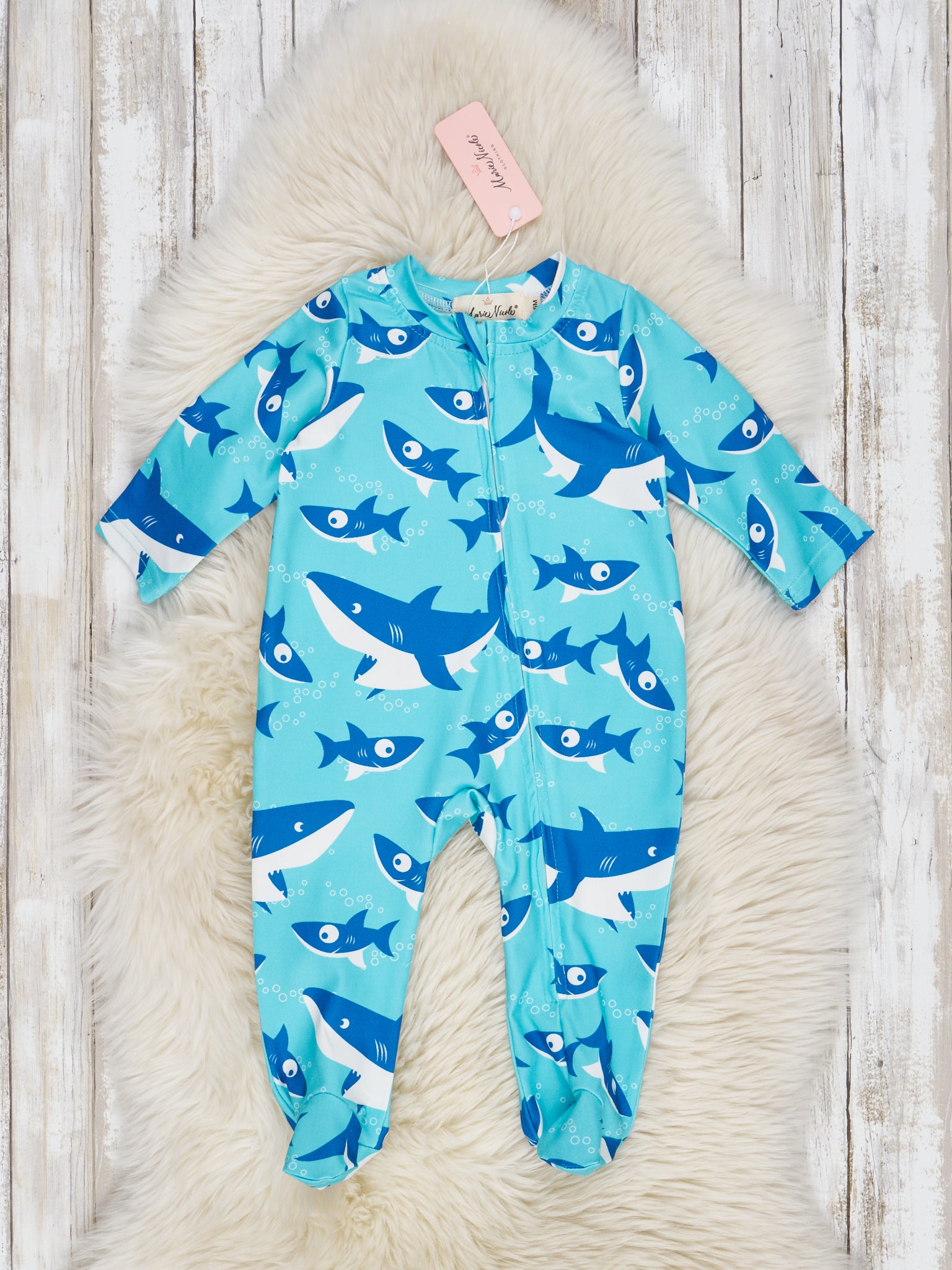 Blue Allover Print Footed Sleeper Pajamas - Marie Nicole Clothing