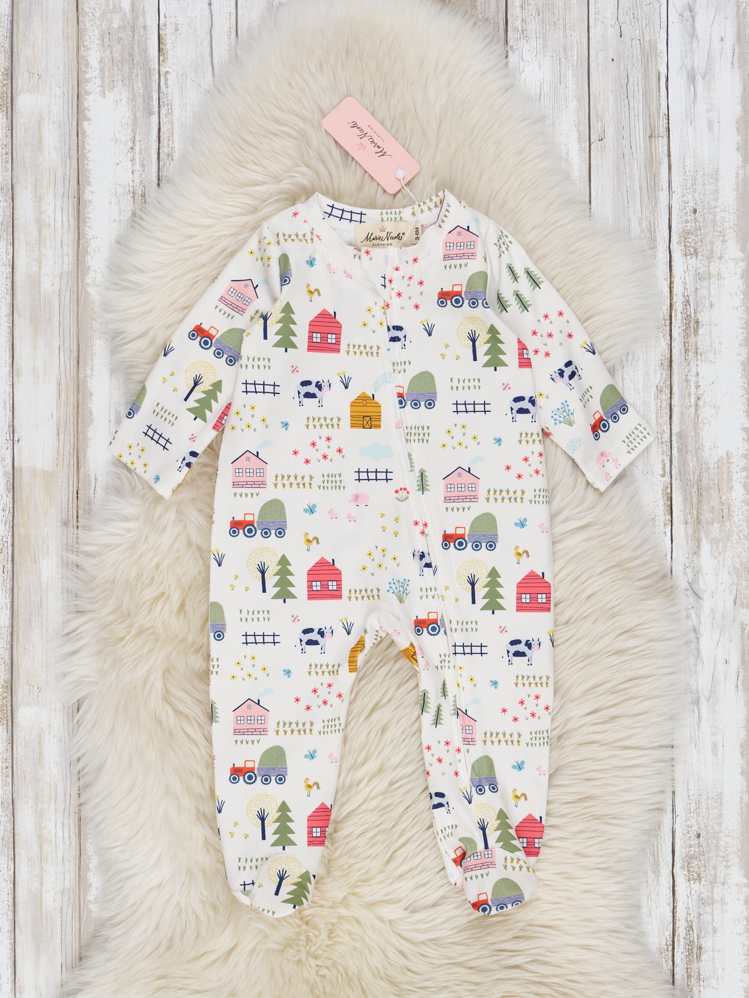 Green & White Doodle Farm Footed Sleeper Pajamas - Marie Nicole Clothing