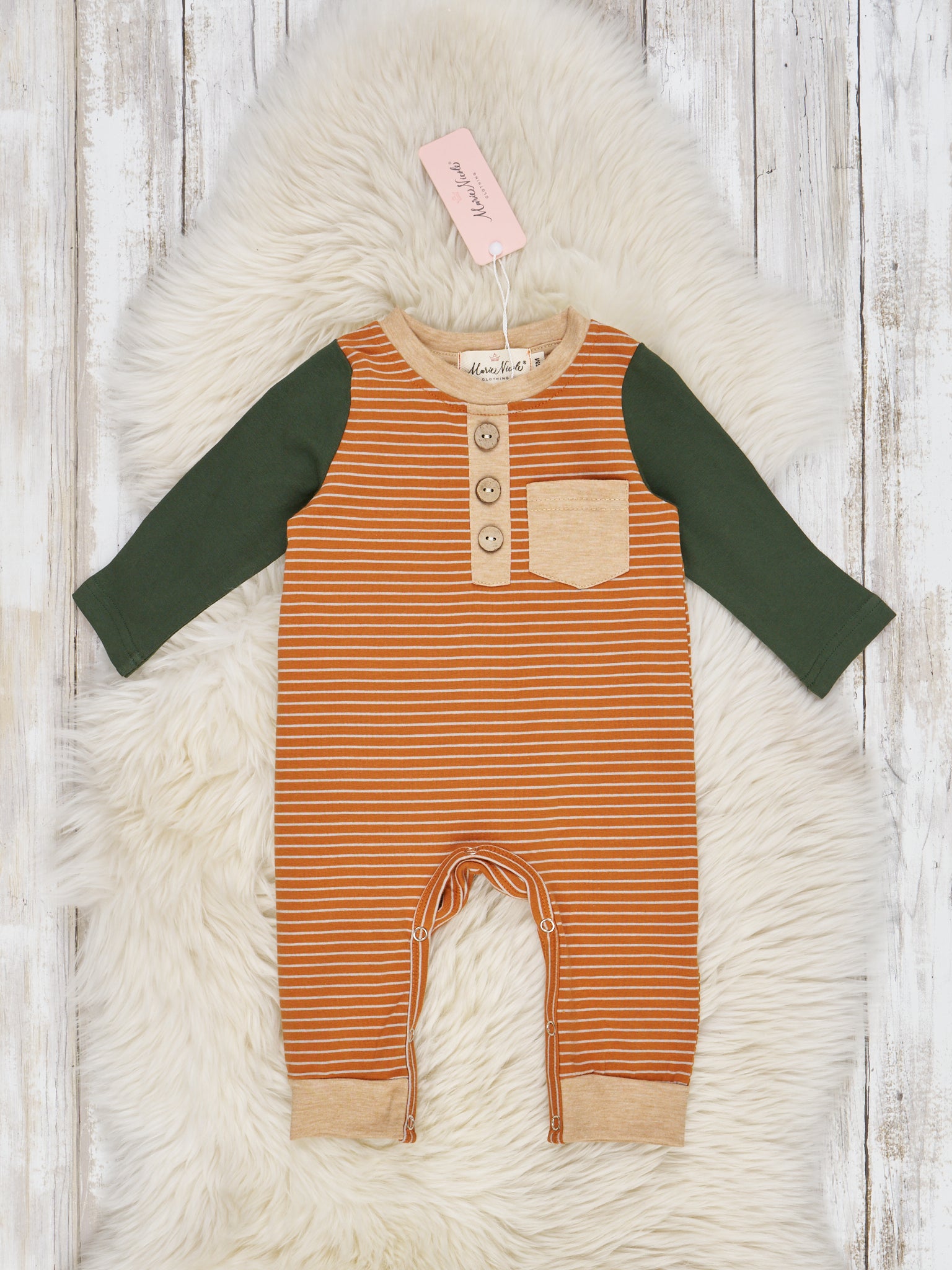 Fall Striped Raglan Pocket Henley Rompers - Marie Nicole Clothing