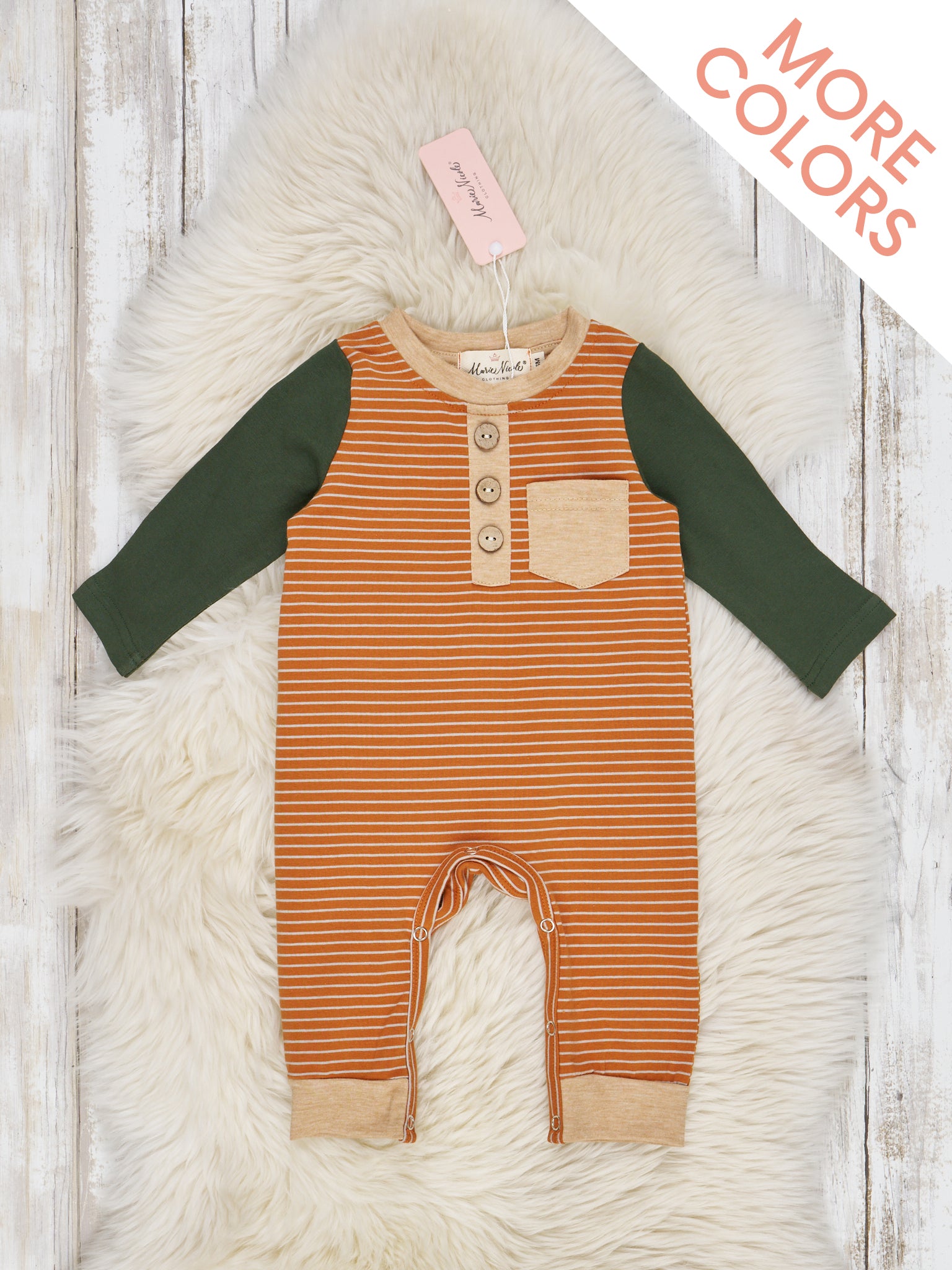 Fall Striped Raglan Pocket Henley Rompers - Marie Nicole Clothing