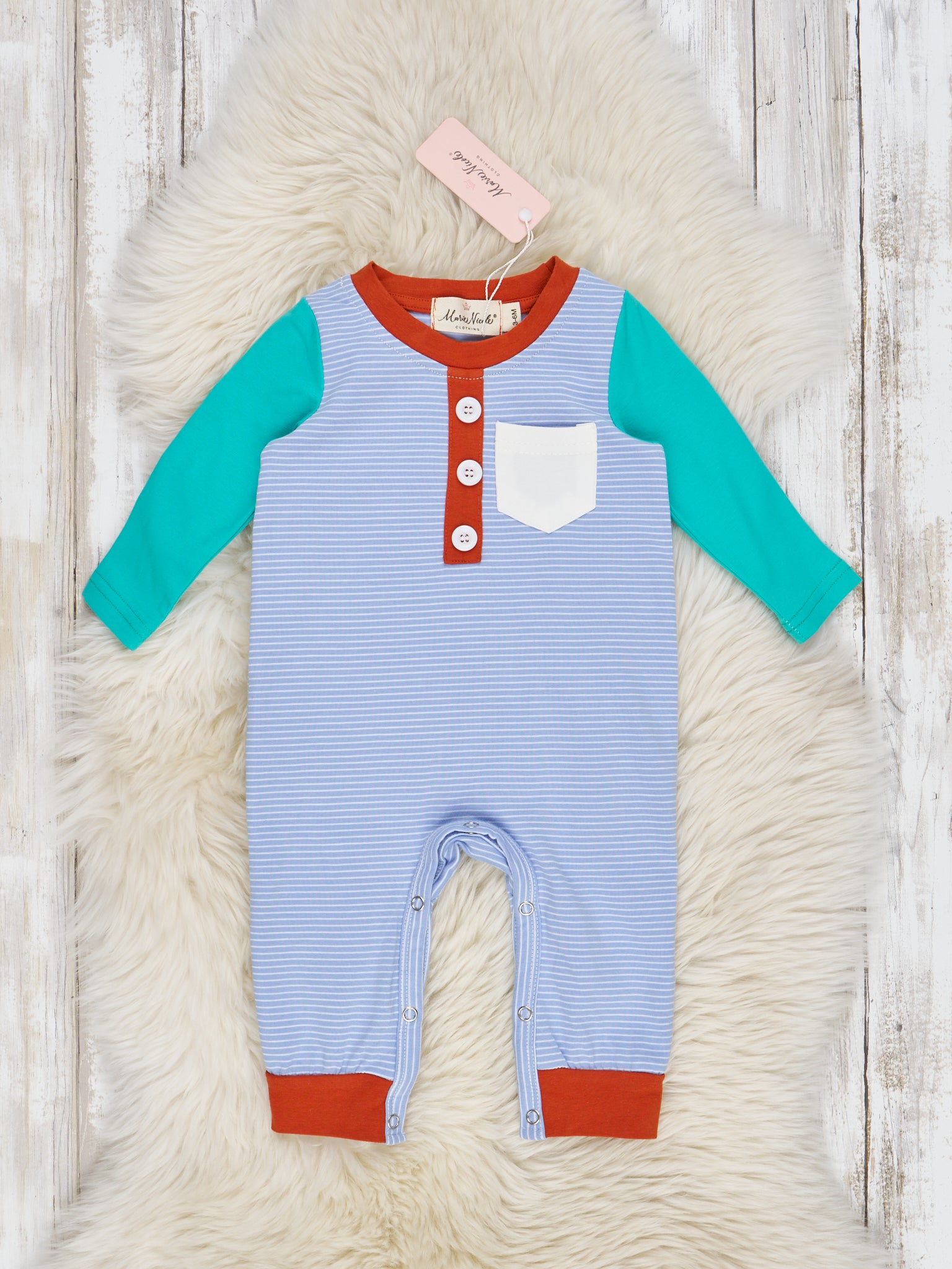 Fall Striped Raglan Pocket Henley Rompers - Marie Nicole Clothing