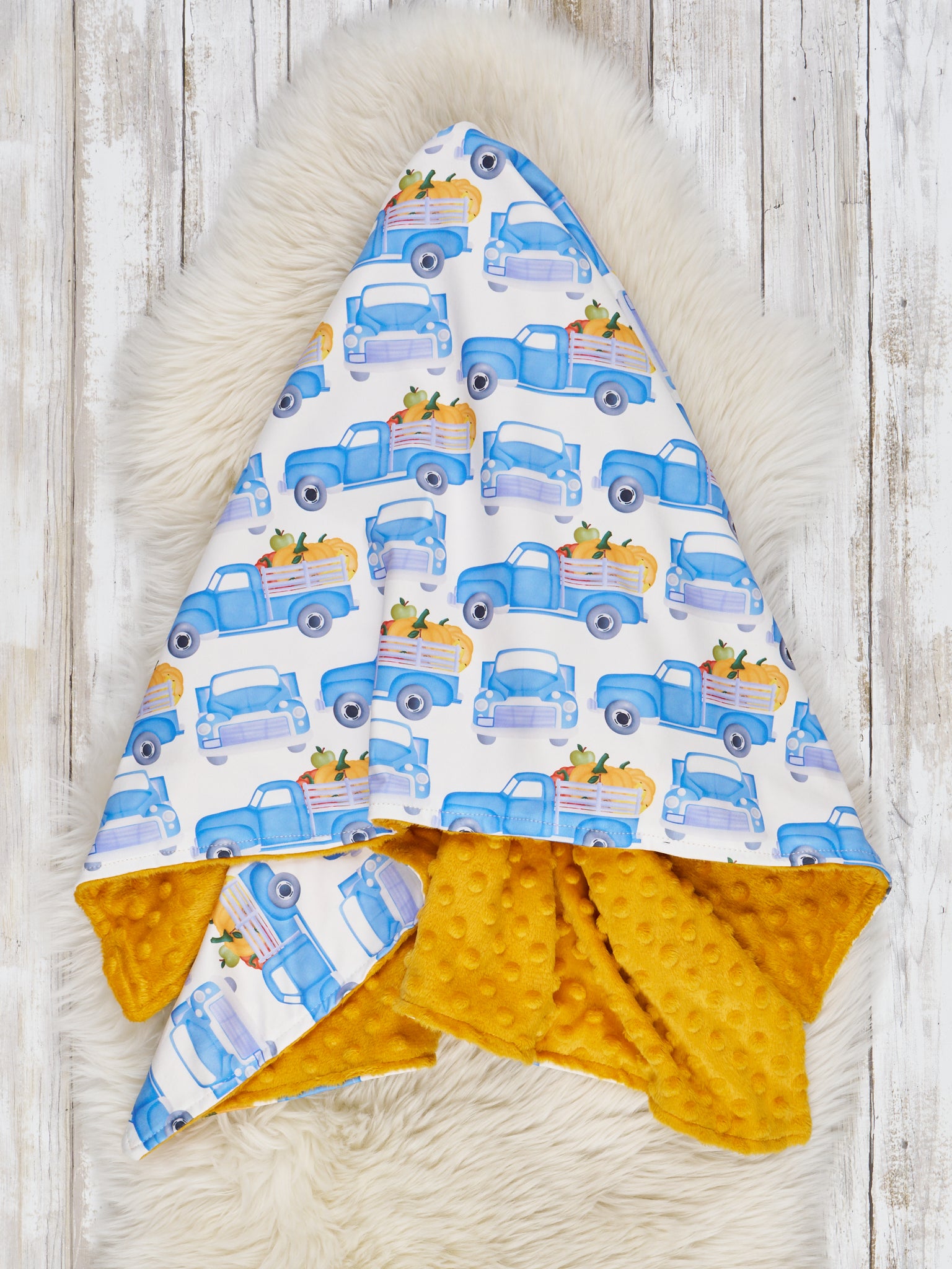 Blue & White Pumpkin Truck Minky Blanket - Marie Nicole Clothing