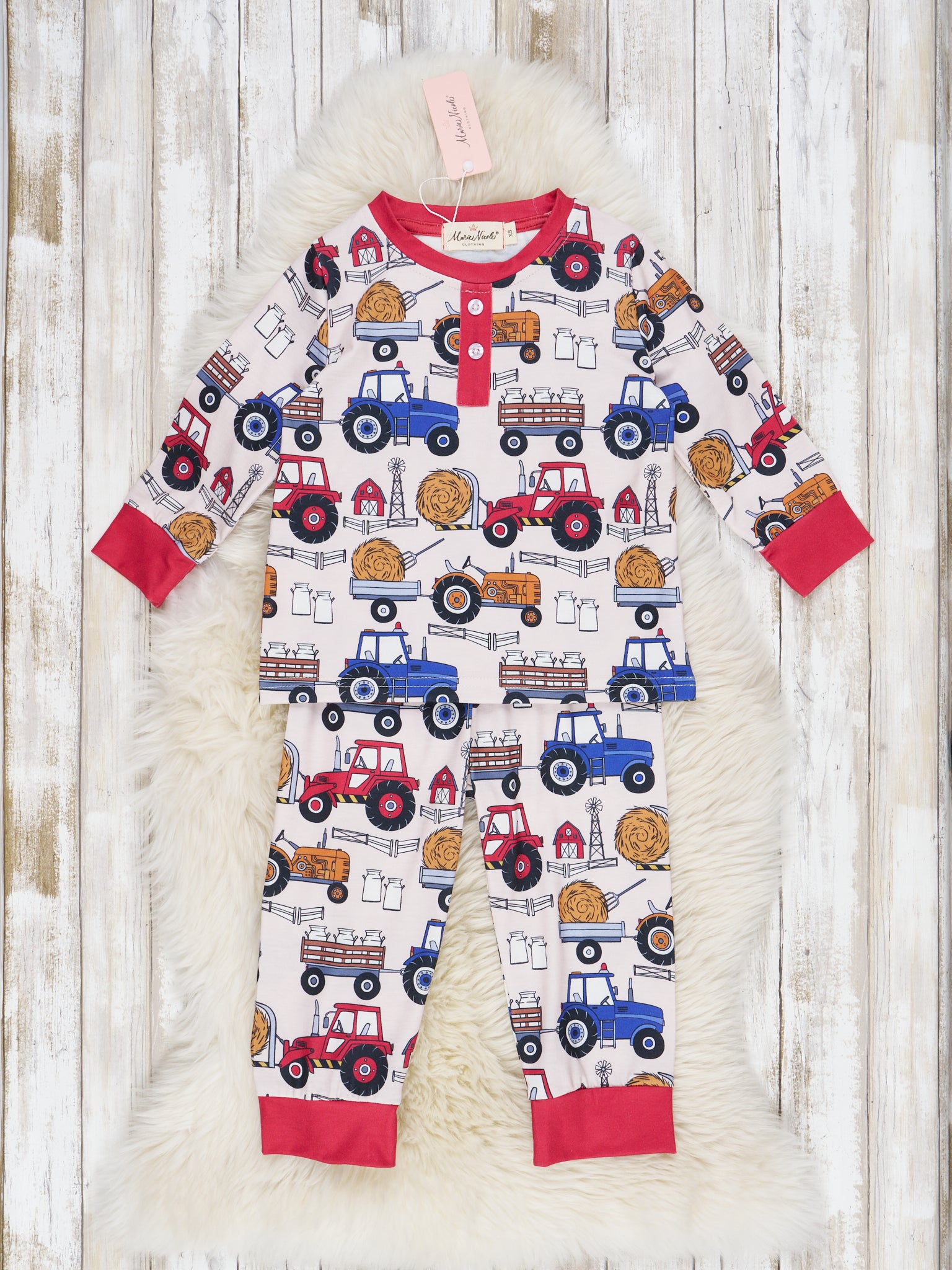 Red & Blue Tractor Pajamas - Marie Nicole Clothing