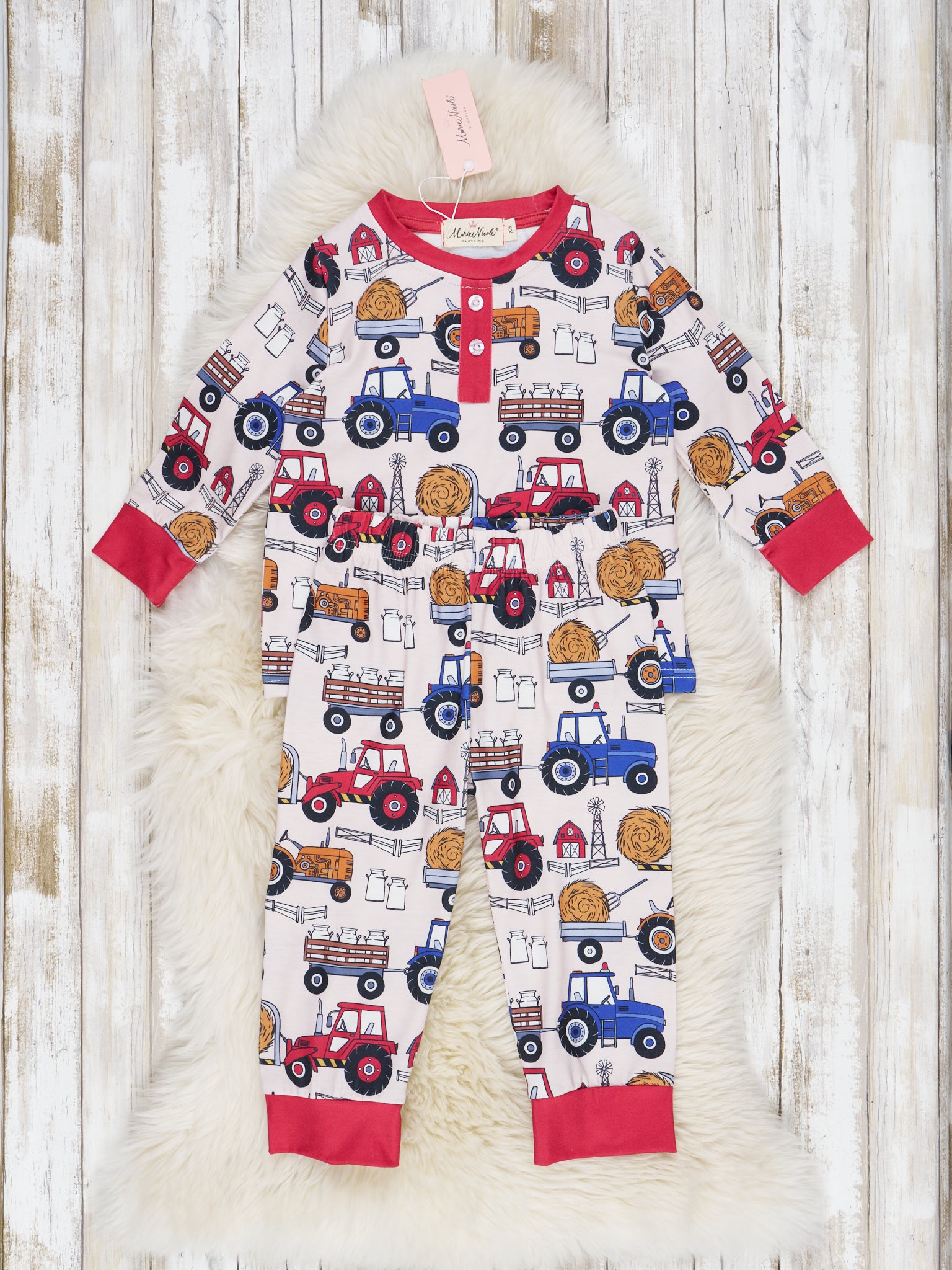 Red & Blue Tractor Pajamas - Marie Nicole Clothing