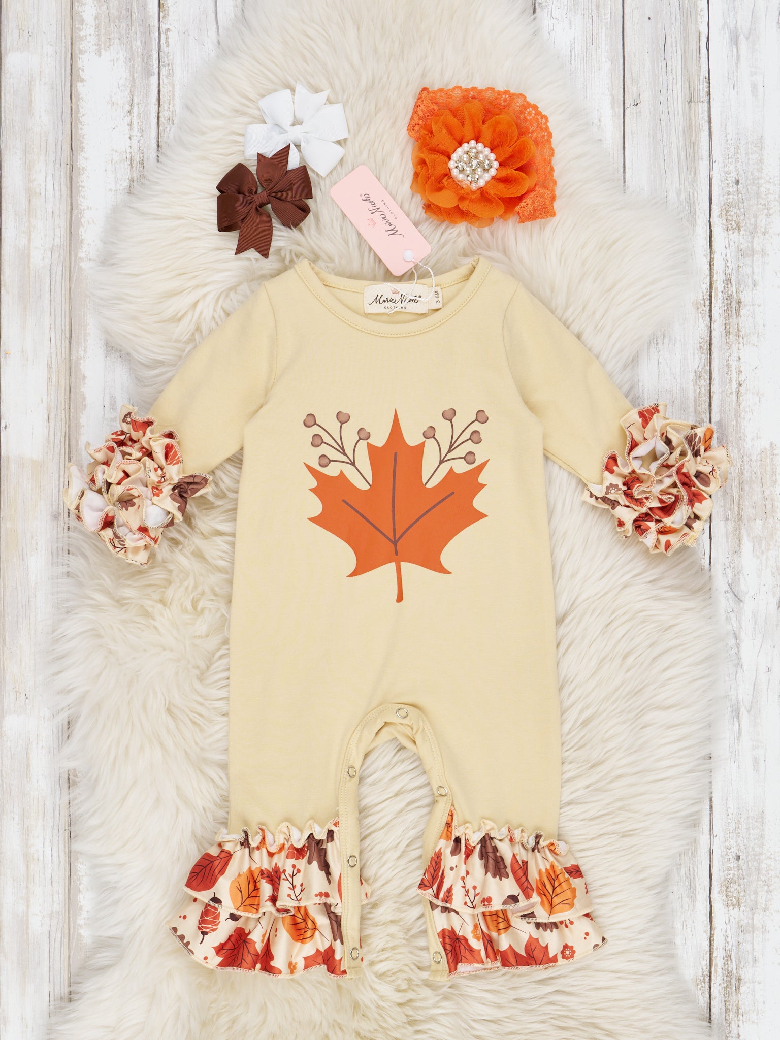 Beige & Brown Maple Leaf Ruffle Romper - Marie Nicole Clothing