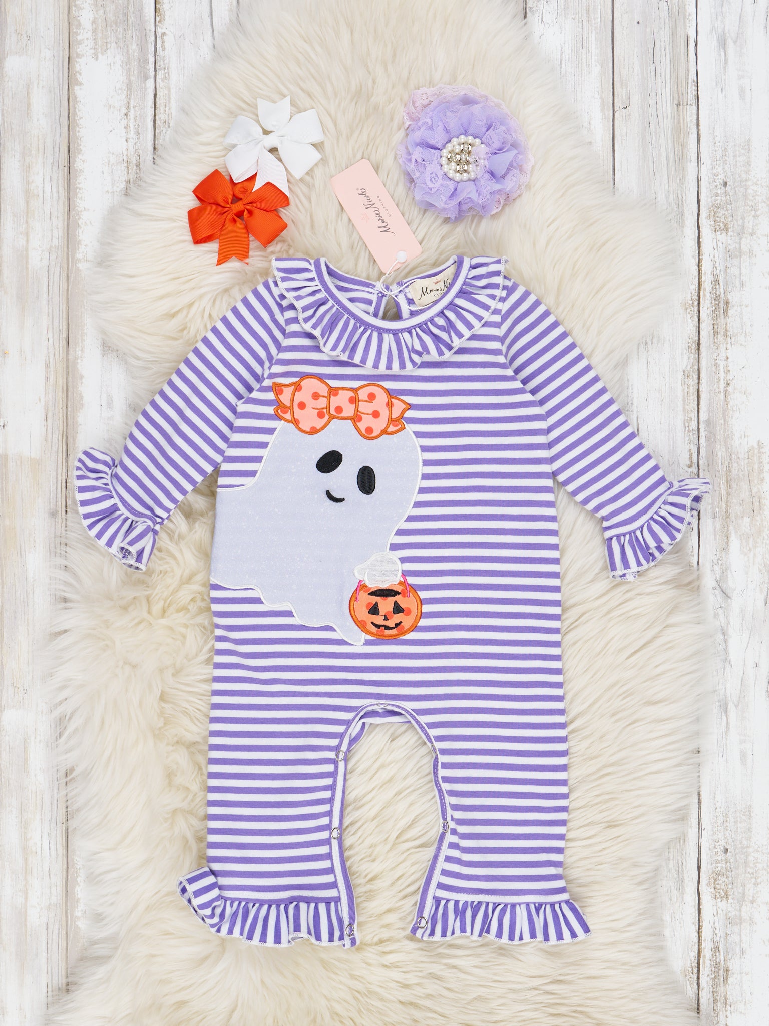 Purple Stripe Friendly Ghost Ruffle Romper - Marie Nicole Clothing