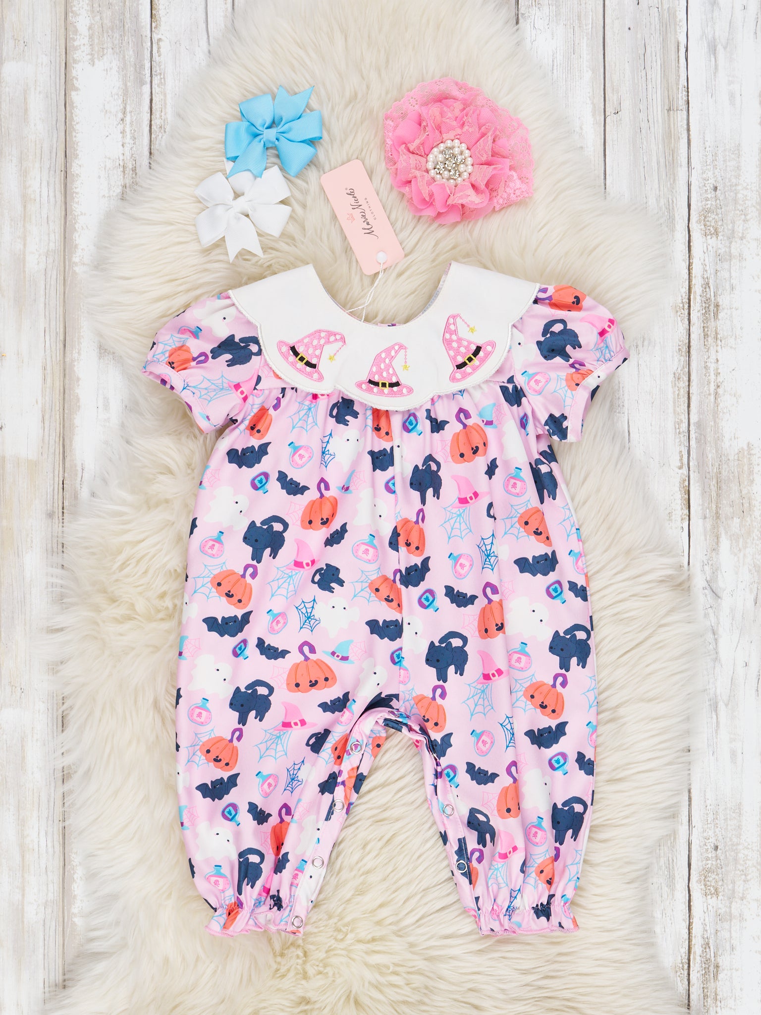 Pink Embroidered Witchy Halloween Romper - Marie Nicole Clothing