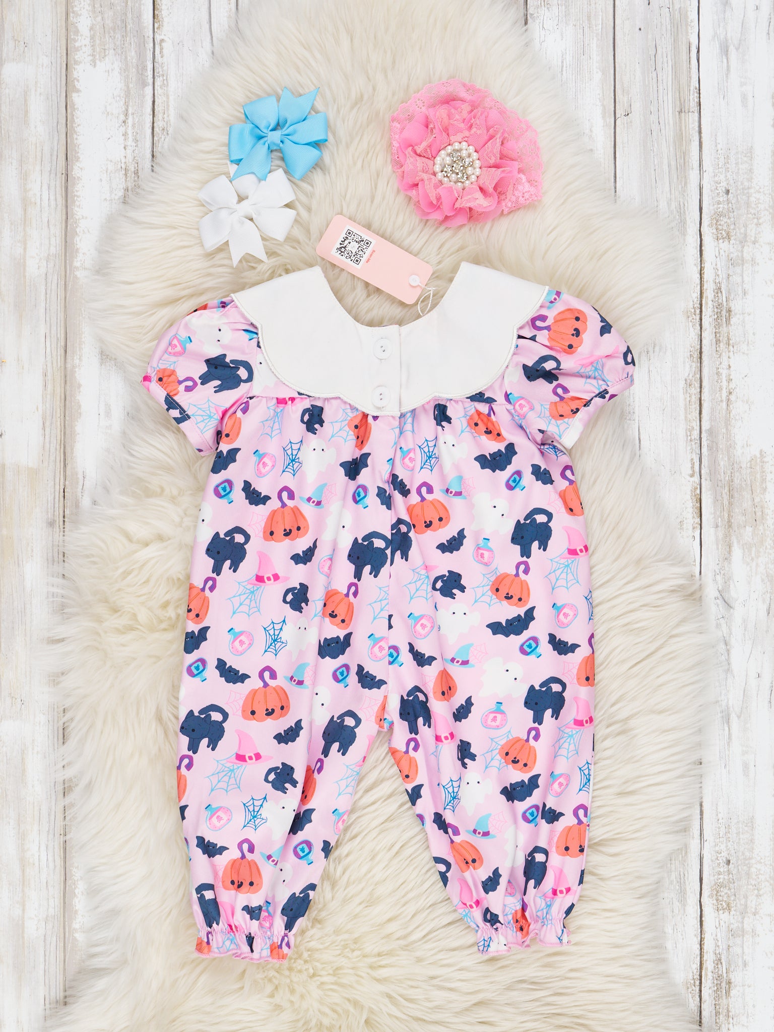 Pink Embroidered Witchy Halloween Romper - Marie Nicole Clothing