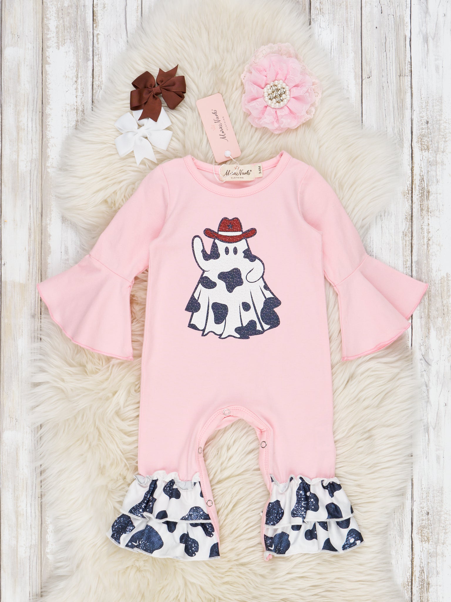 Pink Cowboy Ghost Ruffle Romper - Marie Nicole Clothing