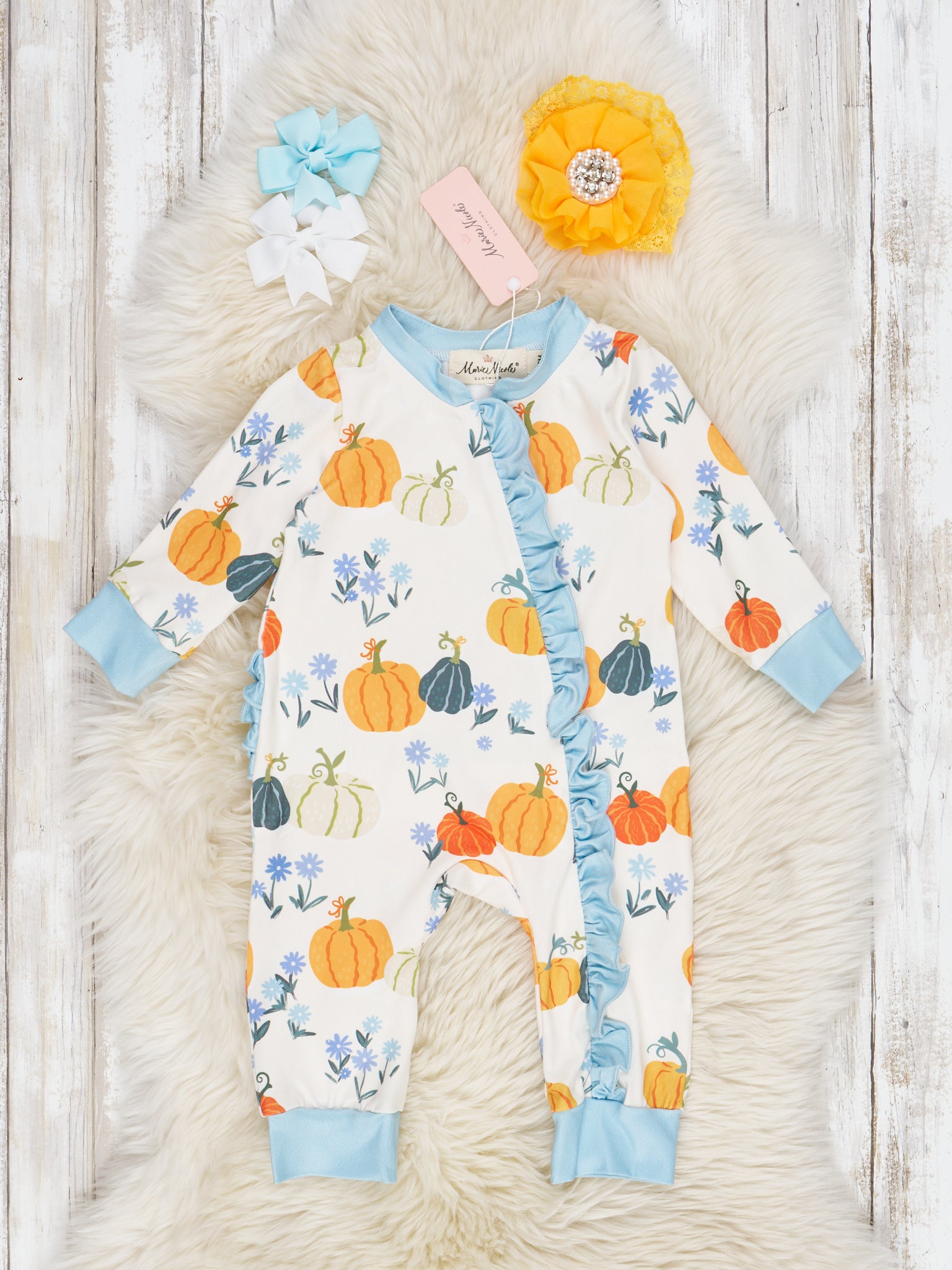Blue Pumpkin Garden Ruffle Sleeper Pajamas - Marie Nicole Clothing