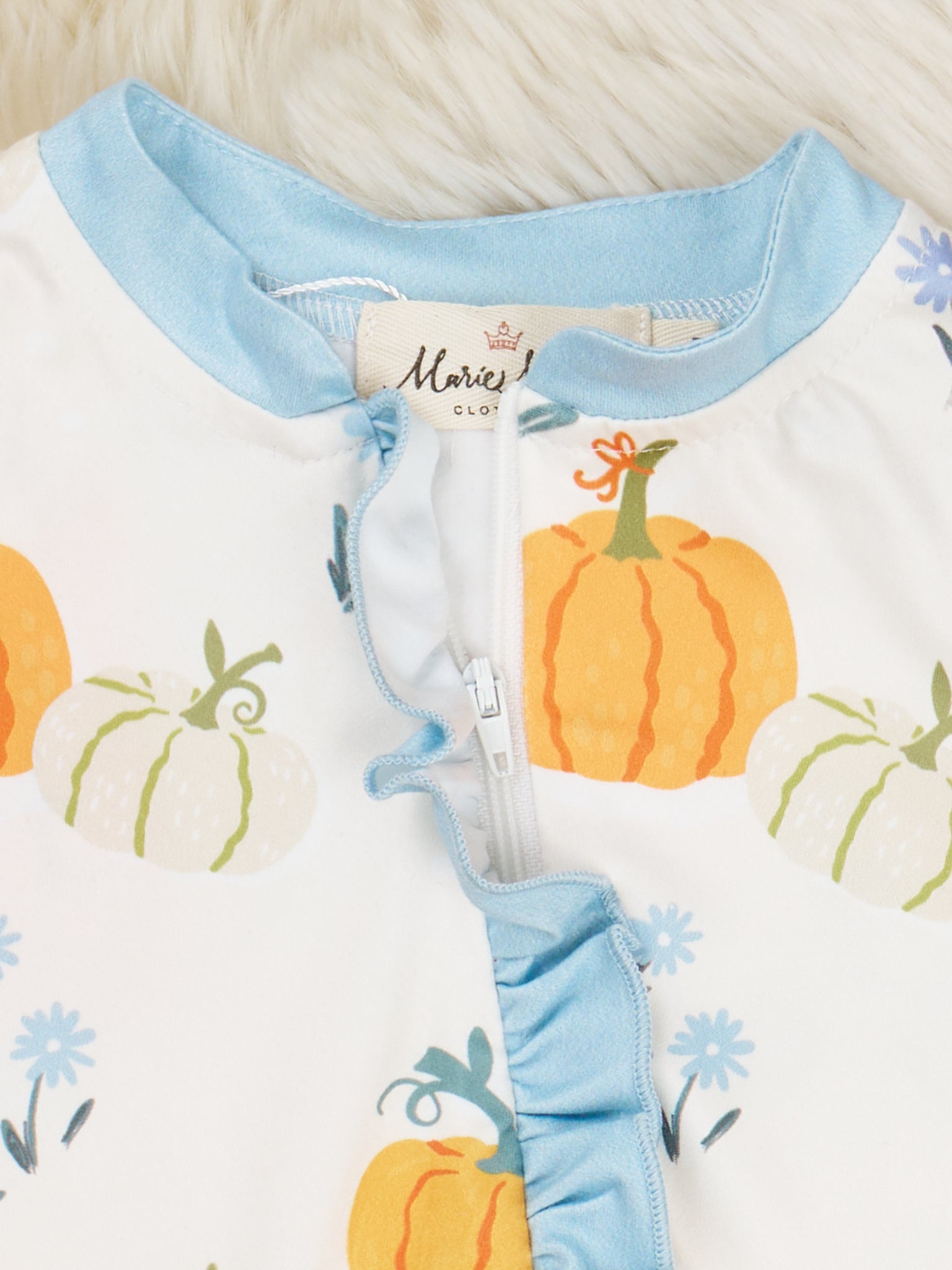 Blue Pumpkin Garden Ruffle Sleeper Pajamas - Marie Nicole Clothing