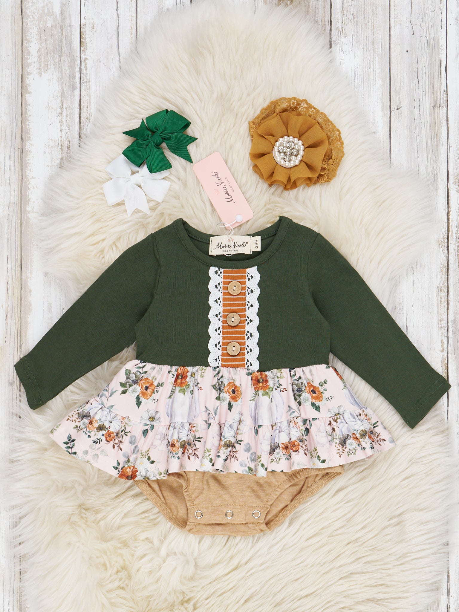 Hunter Green Fall Floral Ruffle Romper - Marie Nicole Clothing