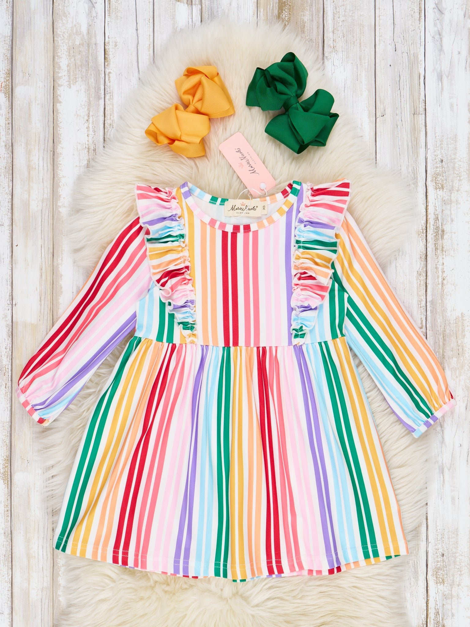 Rainbow Stripes Ruffle Dress - Marie Nicole Clothing