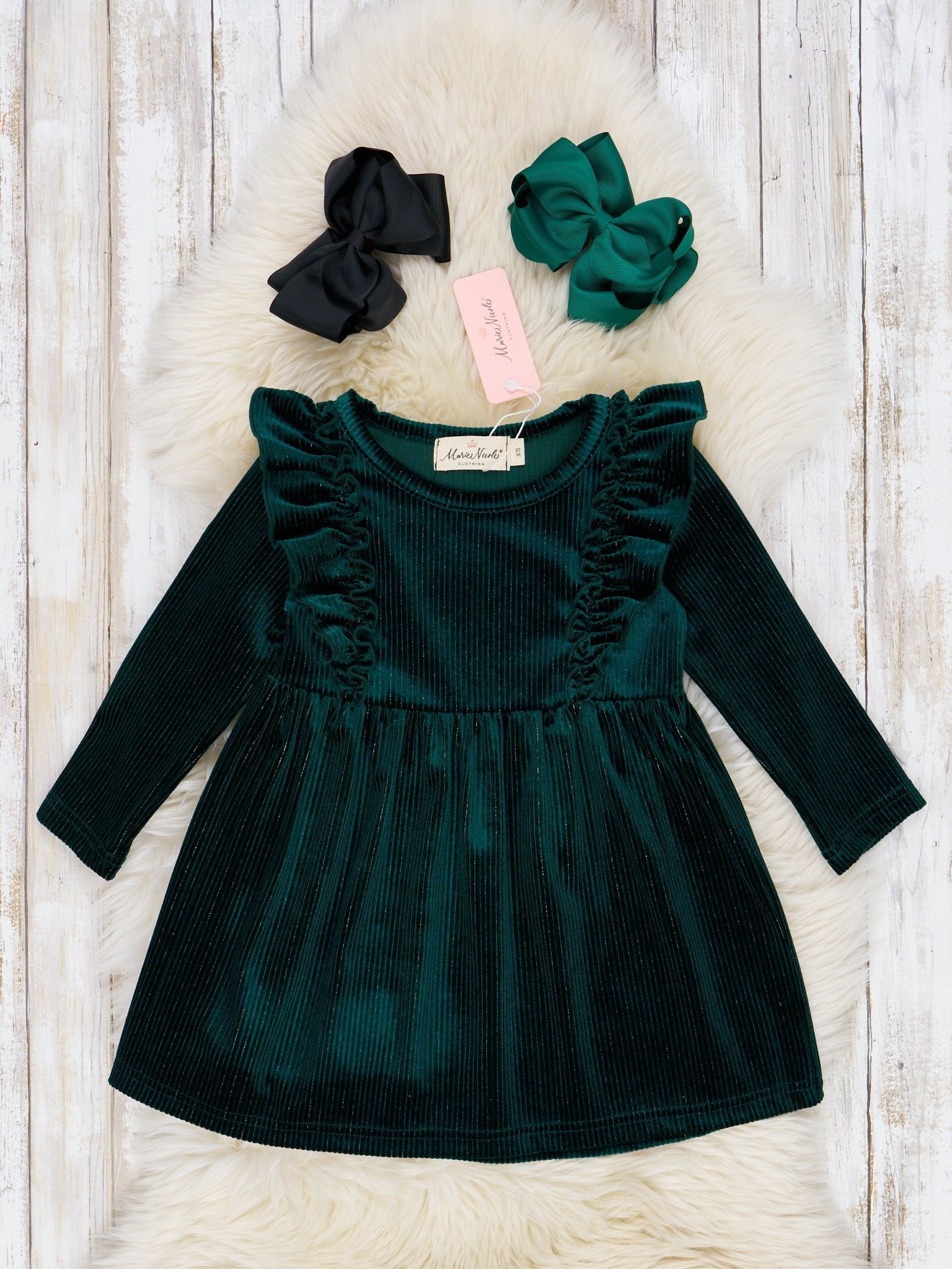 Deep Green Velvet Ruffle Dress - Marie Nicole Clothing