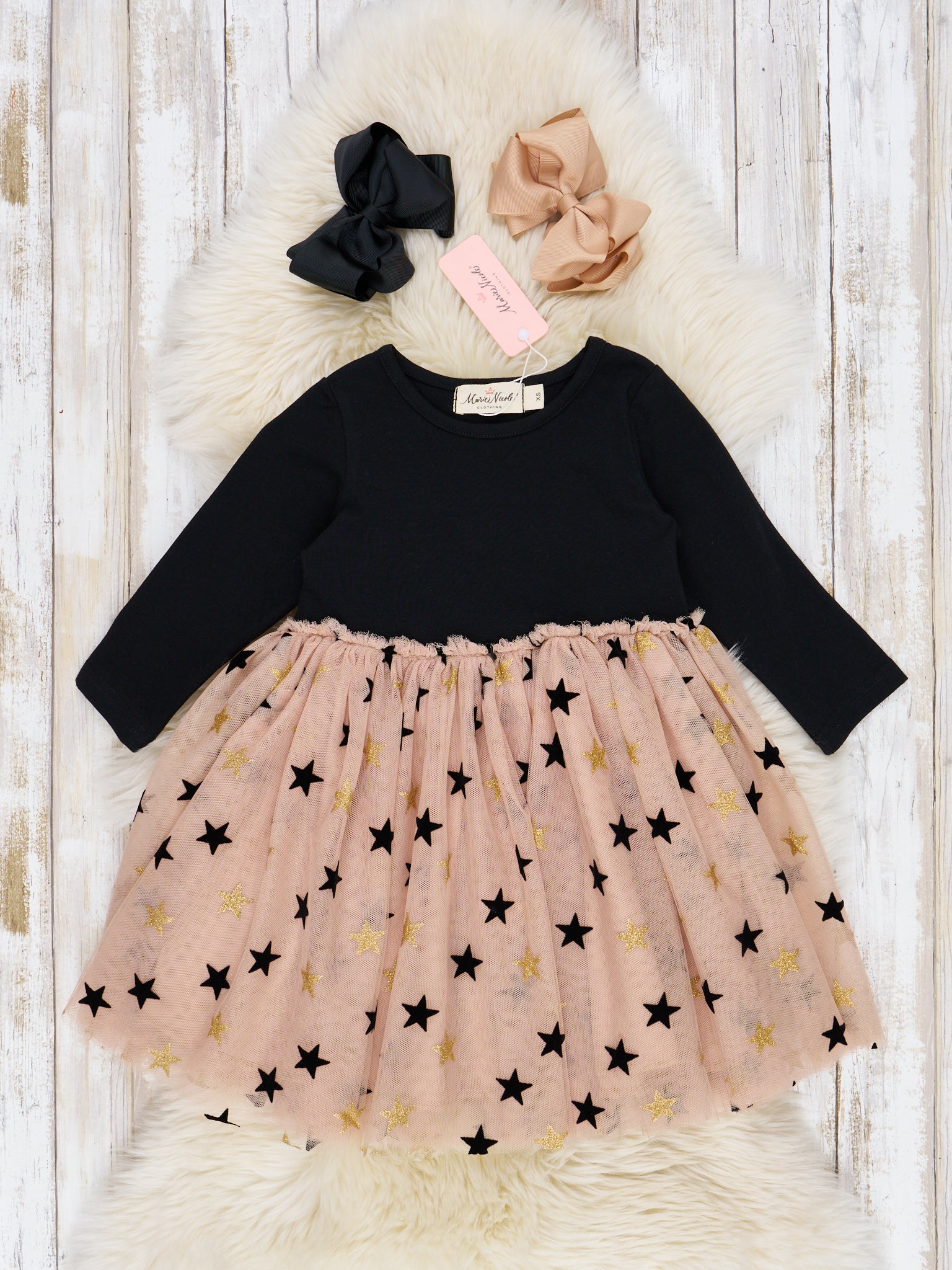 Tan & Black Starry Tulle Dress - Marie Nicole Clothing