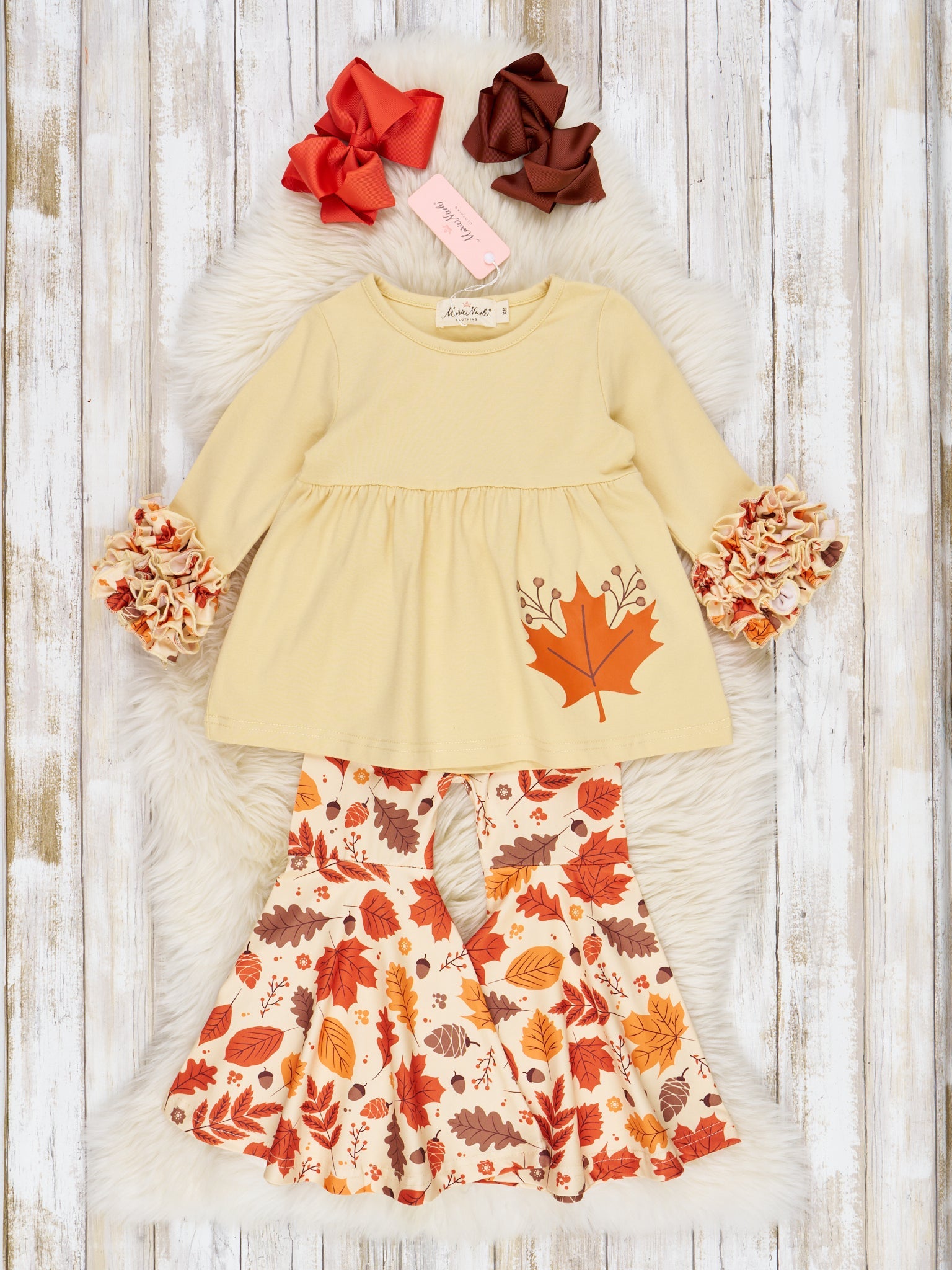 Beige & Brown Maple Leaf Bell Bottom Outfit - Marie Nicole Clothing