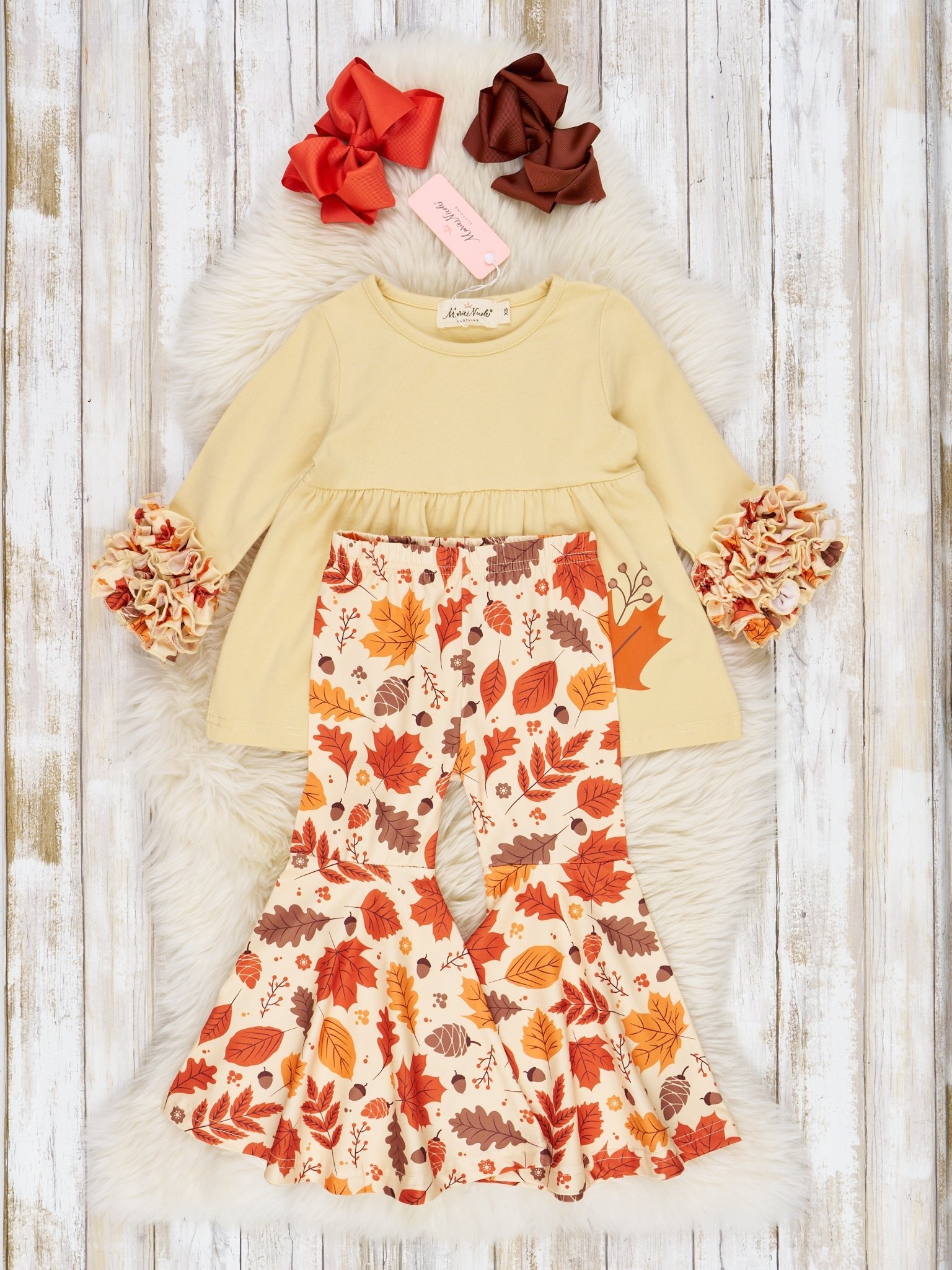 Beige & Brown Maple Leaf Bell Bottom Outfit - Marie Nicole Clothing