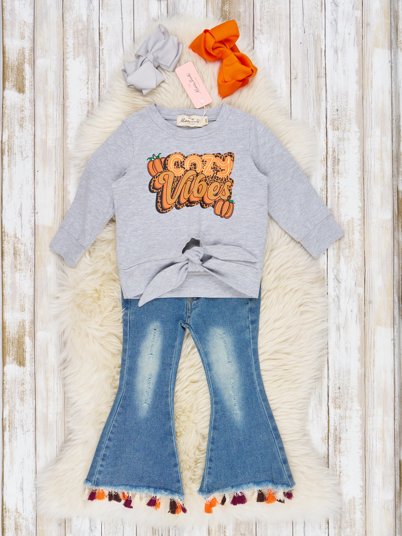 "Cozy Vibes" Tassel Bell Bottom Outfit - Marie Nicole Clothing
