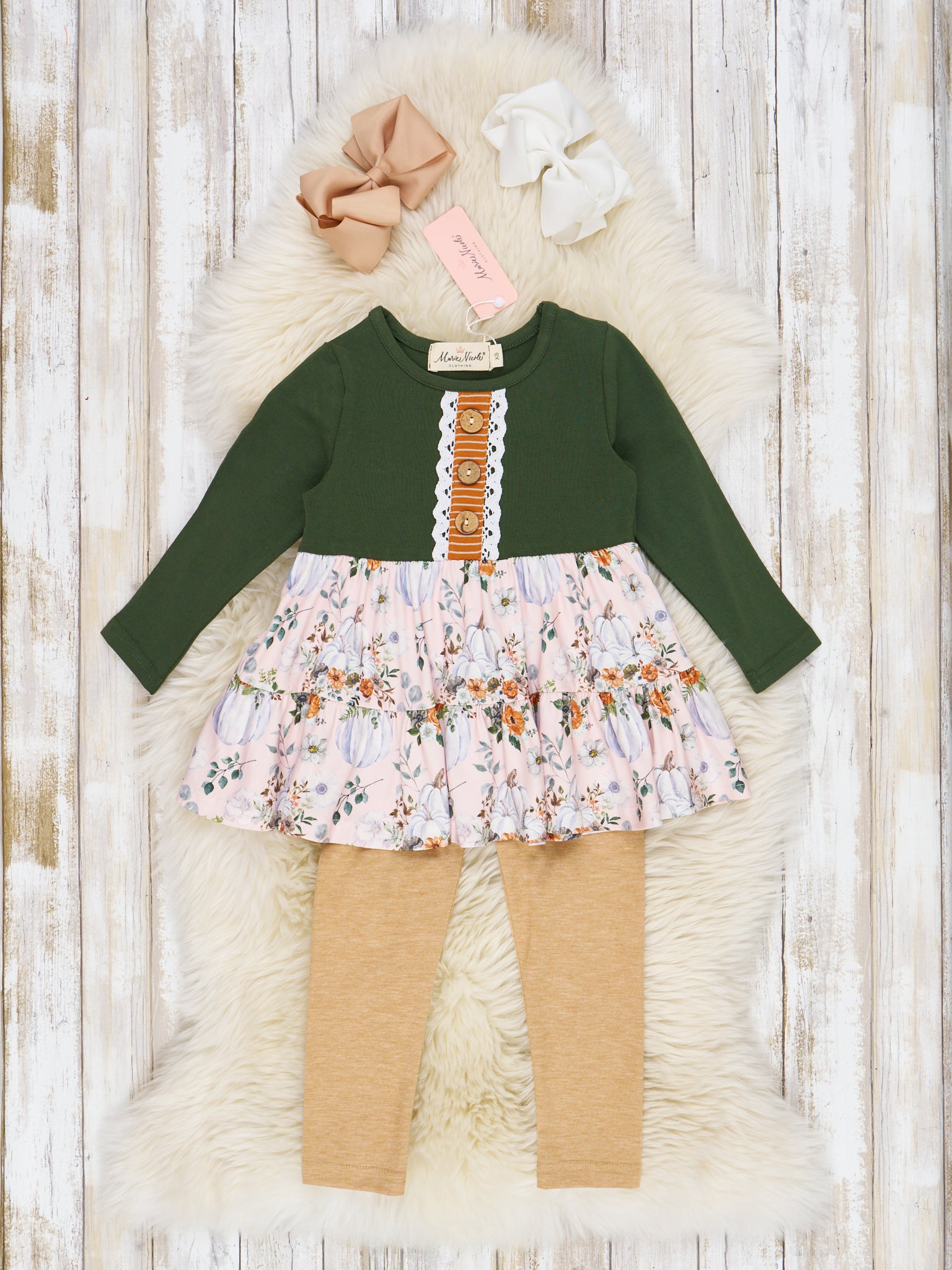 Hunter Green Fall Floral Ruffle Outfit - Marie Nicole Clothing