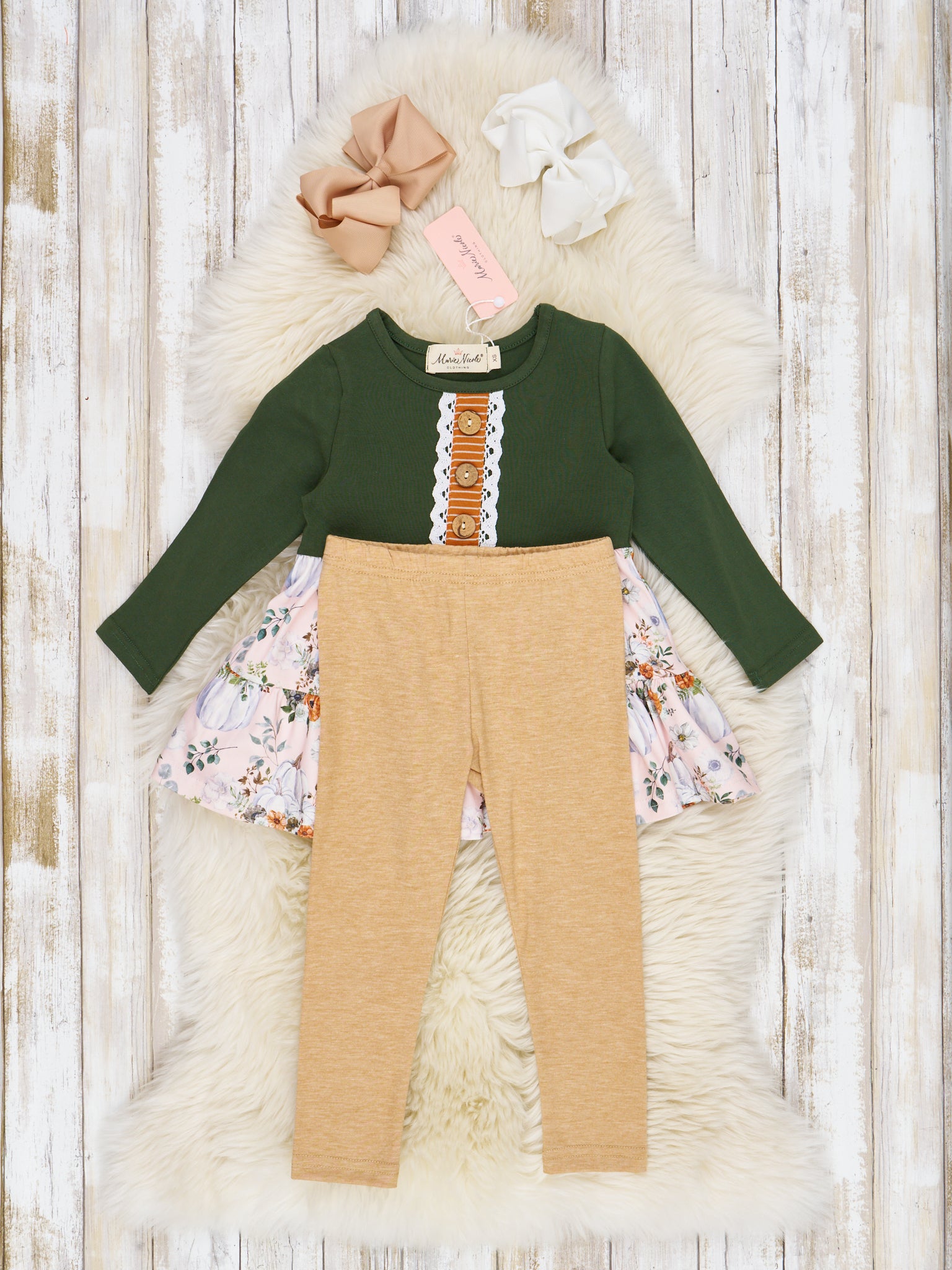 Hunter Green Fall Floral Ruffle Outfit - Marie Nicole Clothing