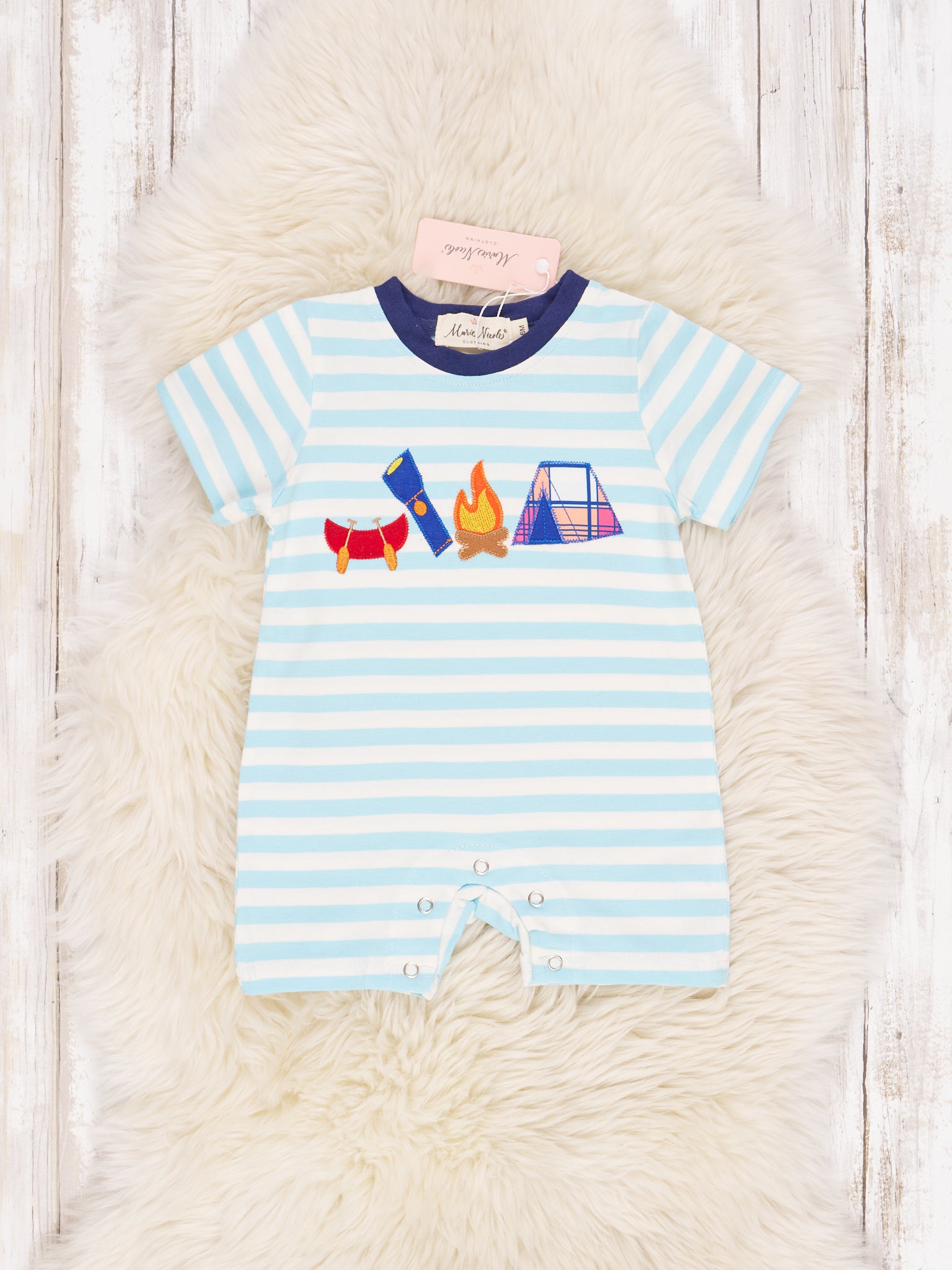 Blue Stripe Camping Romper - Marie Nicole Clothing