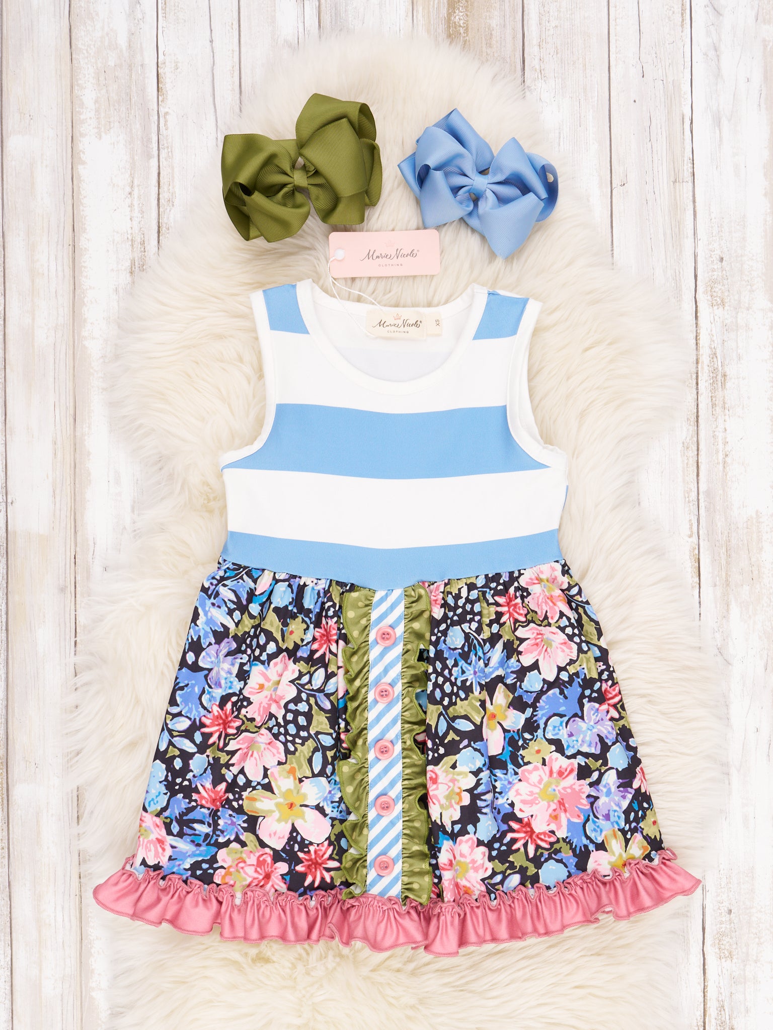 Blue Floral Striped Ruffle Dress - Marie Nicole Clothing