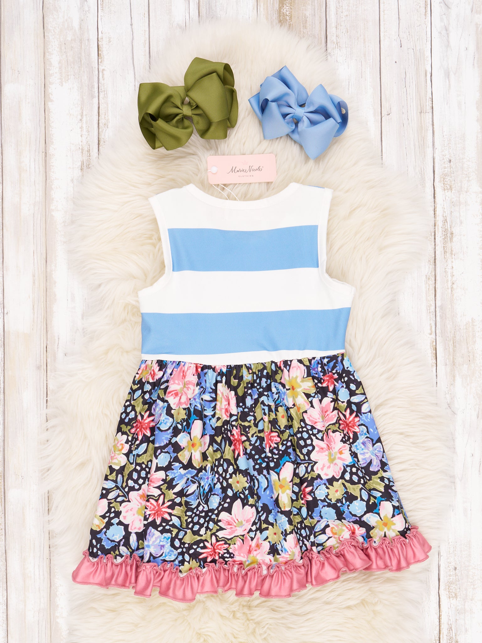 Blue Floral Striped Ruffle Dress - Marie Nicole Clothing