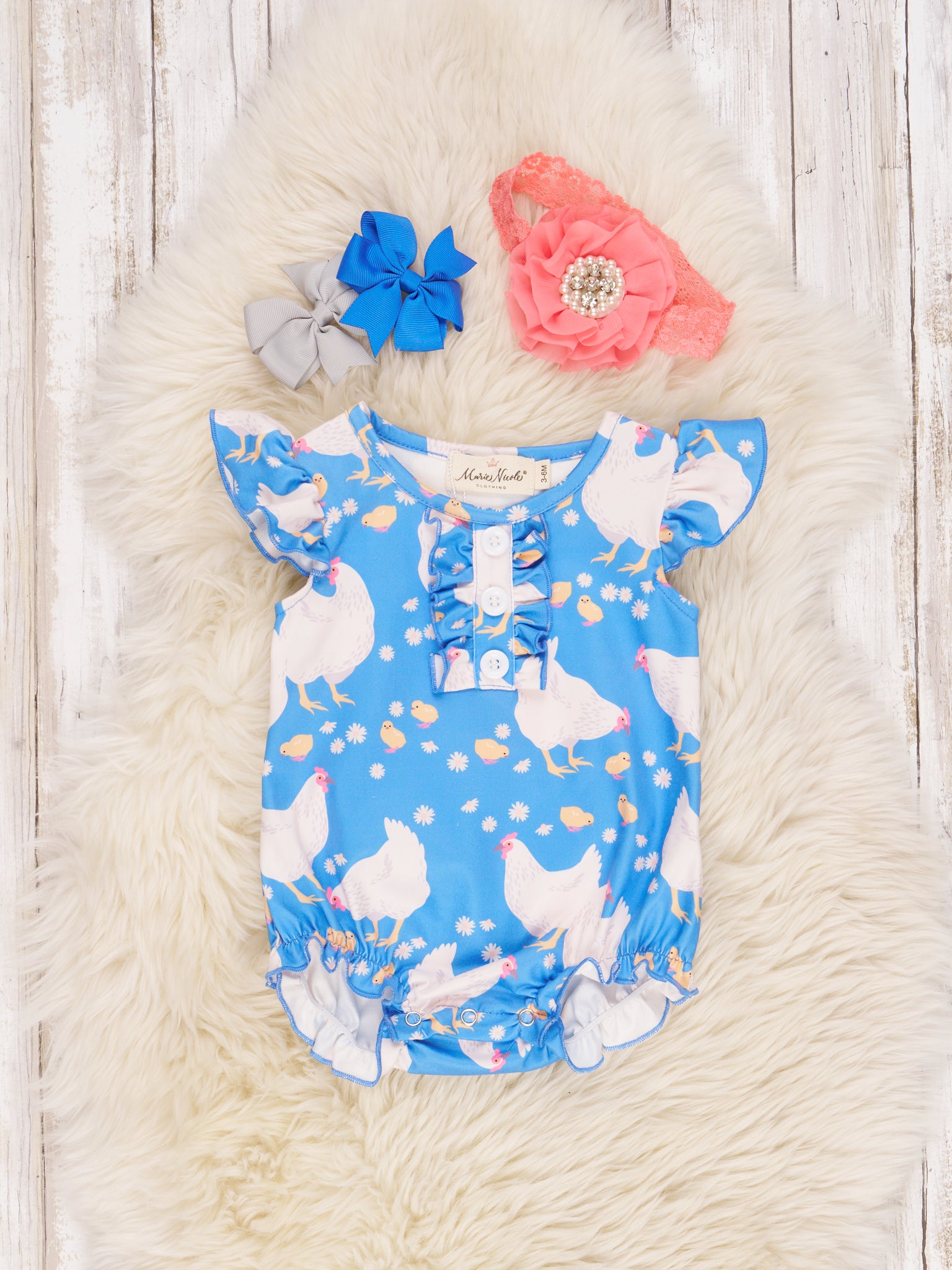 Blue Chickens Ruffle Romper - Marie Nicole Clothing