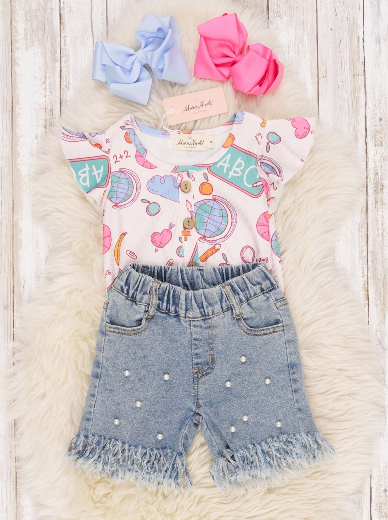 Chalkboard Tie Top & Denim Pearl Shorts - Marie Nicole Clothing