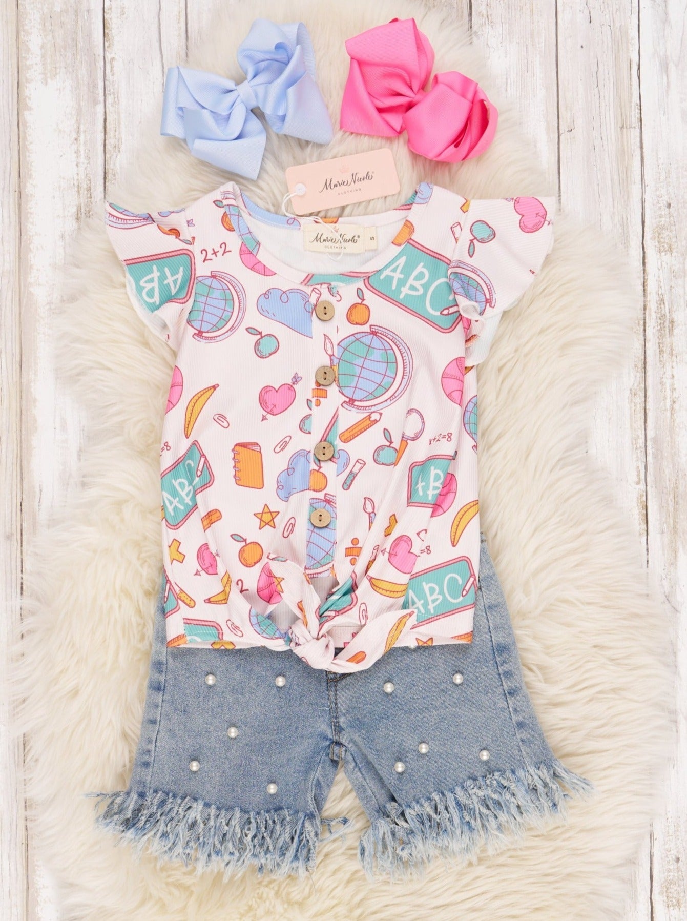 Chalkboard Tie Top & Denim Pearl Shorts - Marie Nicole Clothing