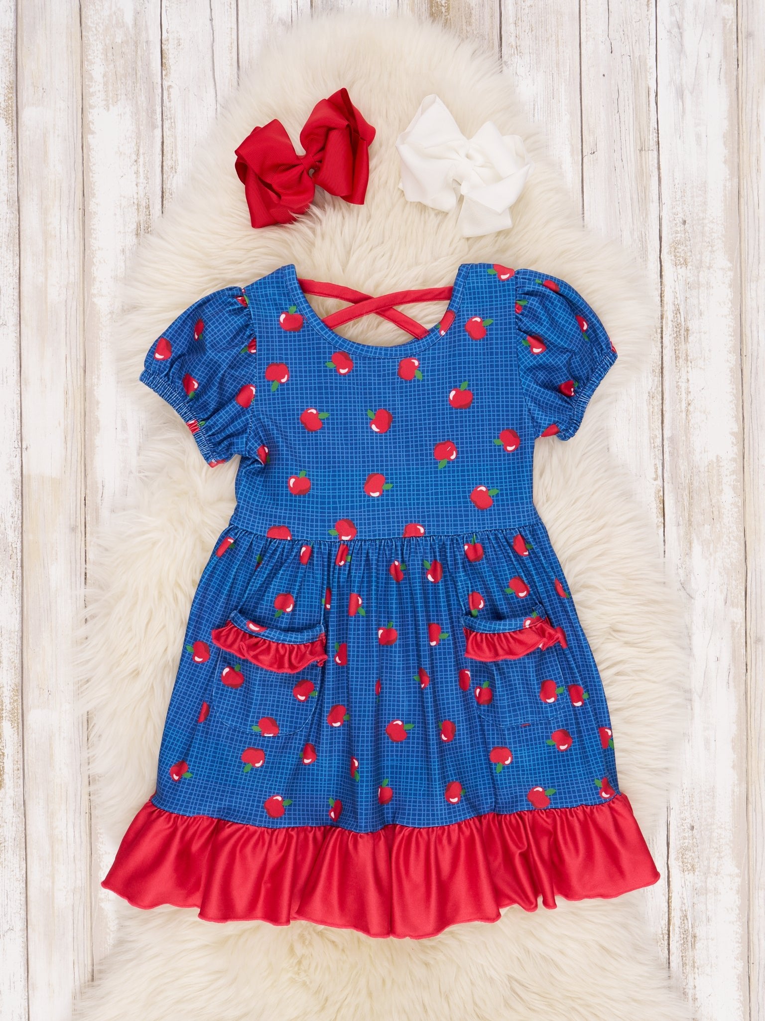 Blue & Red Apple Pocket Ruffle Dress - Marie Nicole Clothing