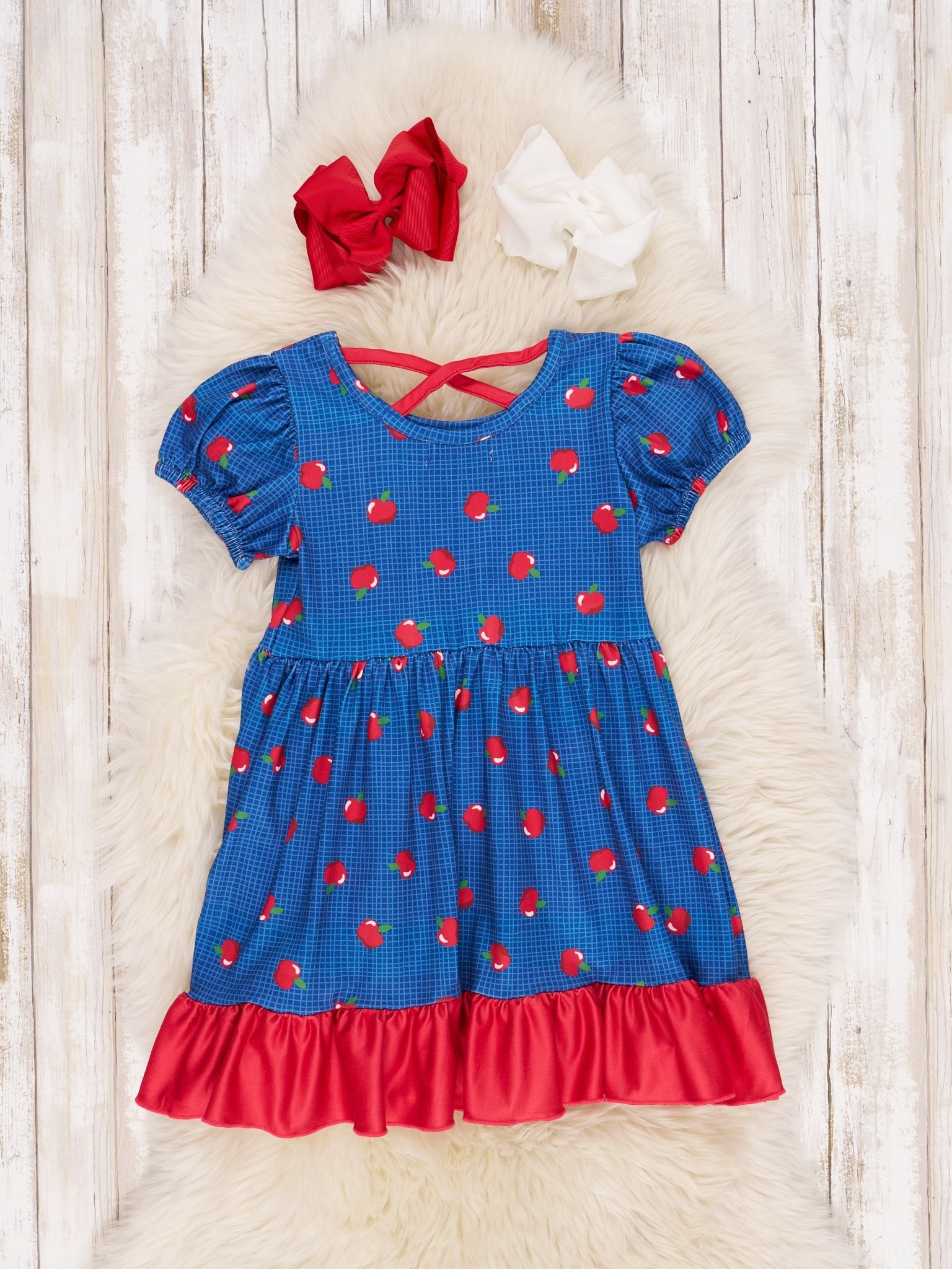 Blue & Red Apple Pocket Ruffle Dress - Marie Nicole Clothing