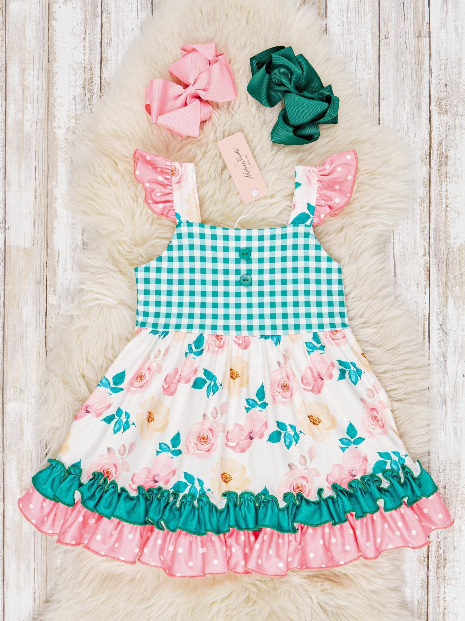 Gingham Floral Flutter Sleeve Dress - Marie Nicole Clothing