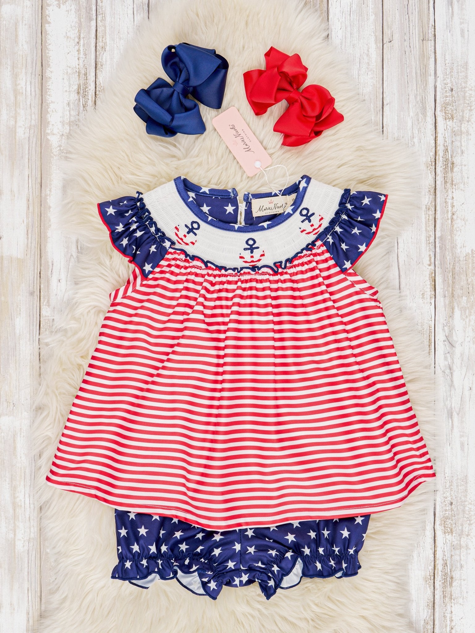 Smocked Patriotic Anchor Ruffle Outfit - Marie Nicole Clothing