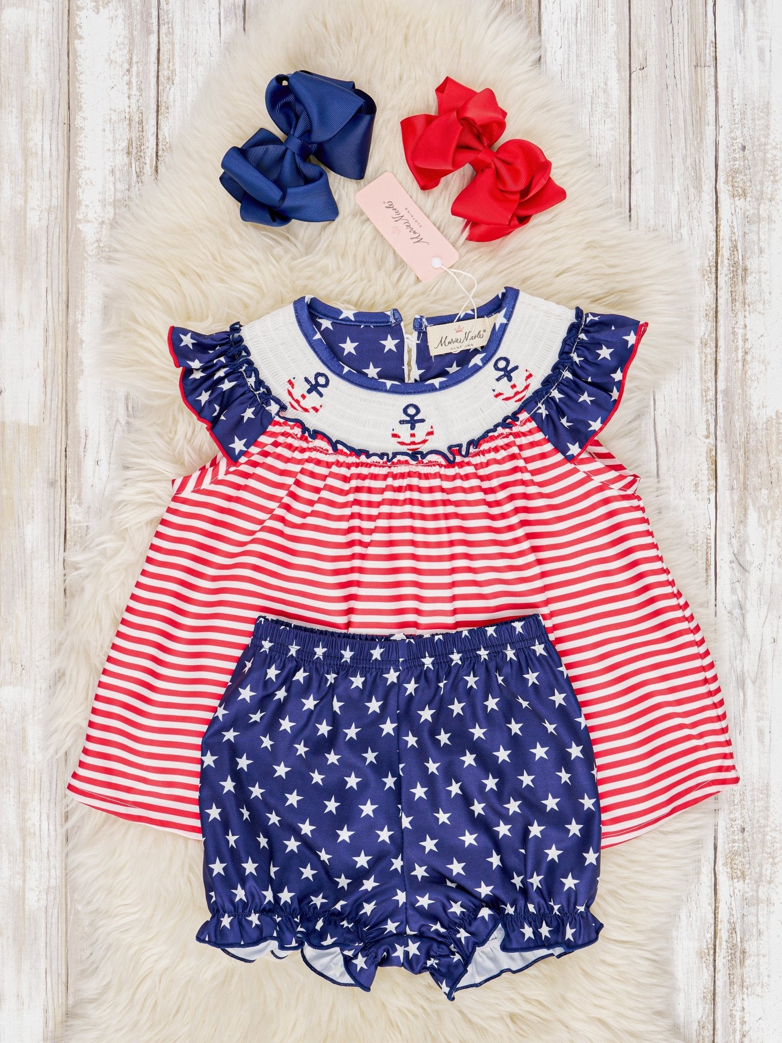 Smocked Patriotic Anchor Ruffle Outfit - Marie Nicole Clothing