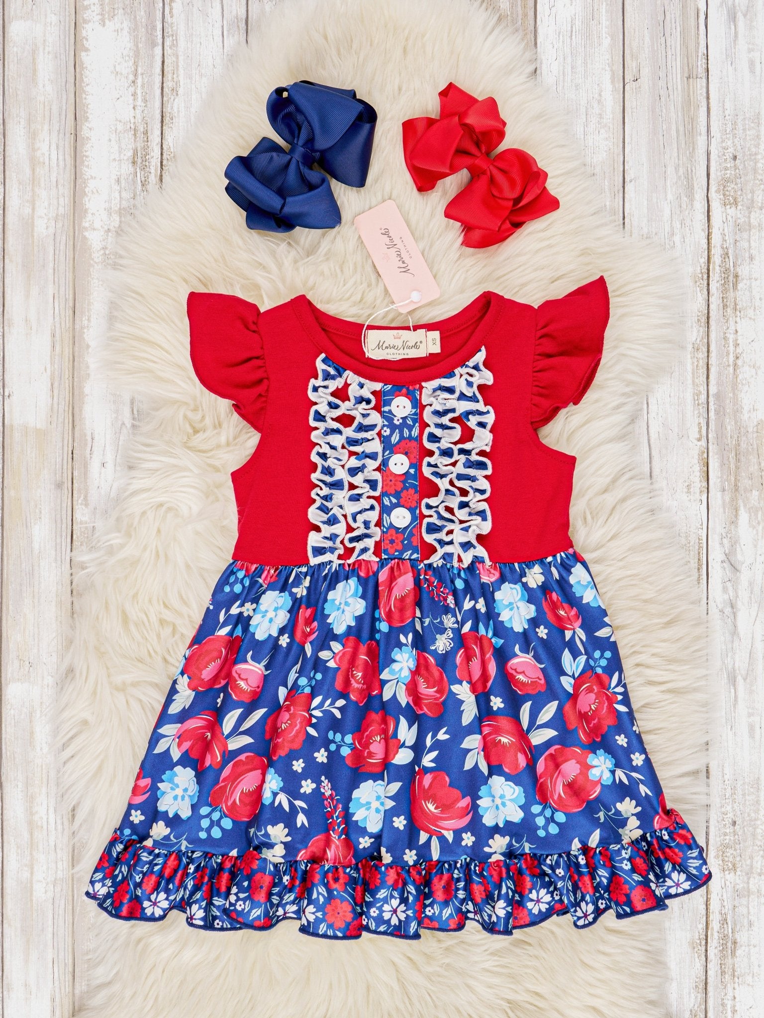 Red White & Blue Rose Ruffle Dress - Marie Nicole Clothing
