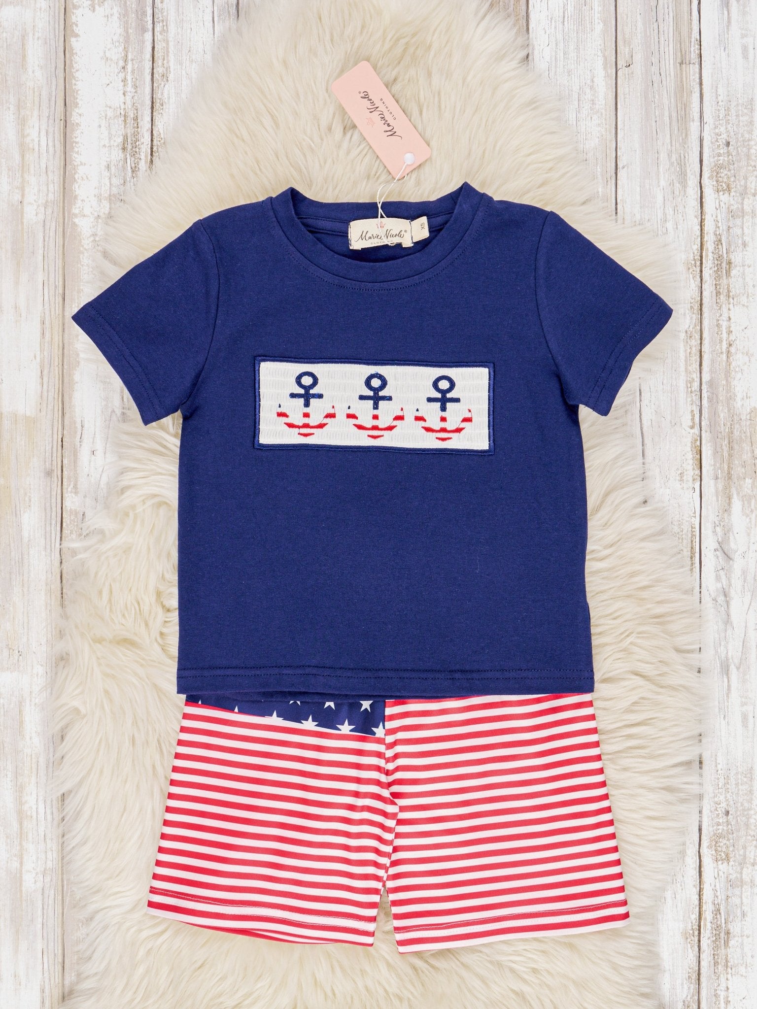Smocked Patriotic Anchor Outfit - Marie Nicole Clothing