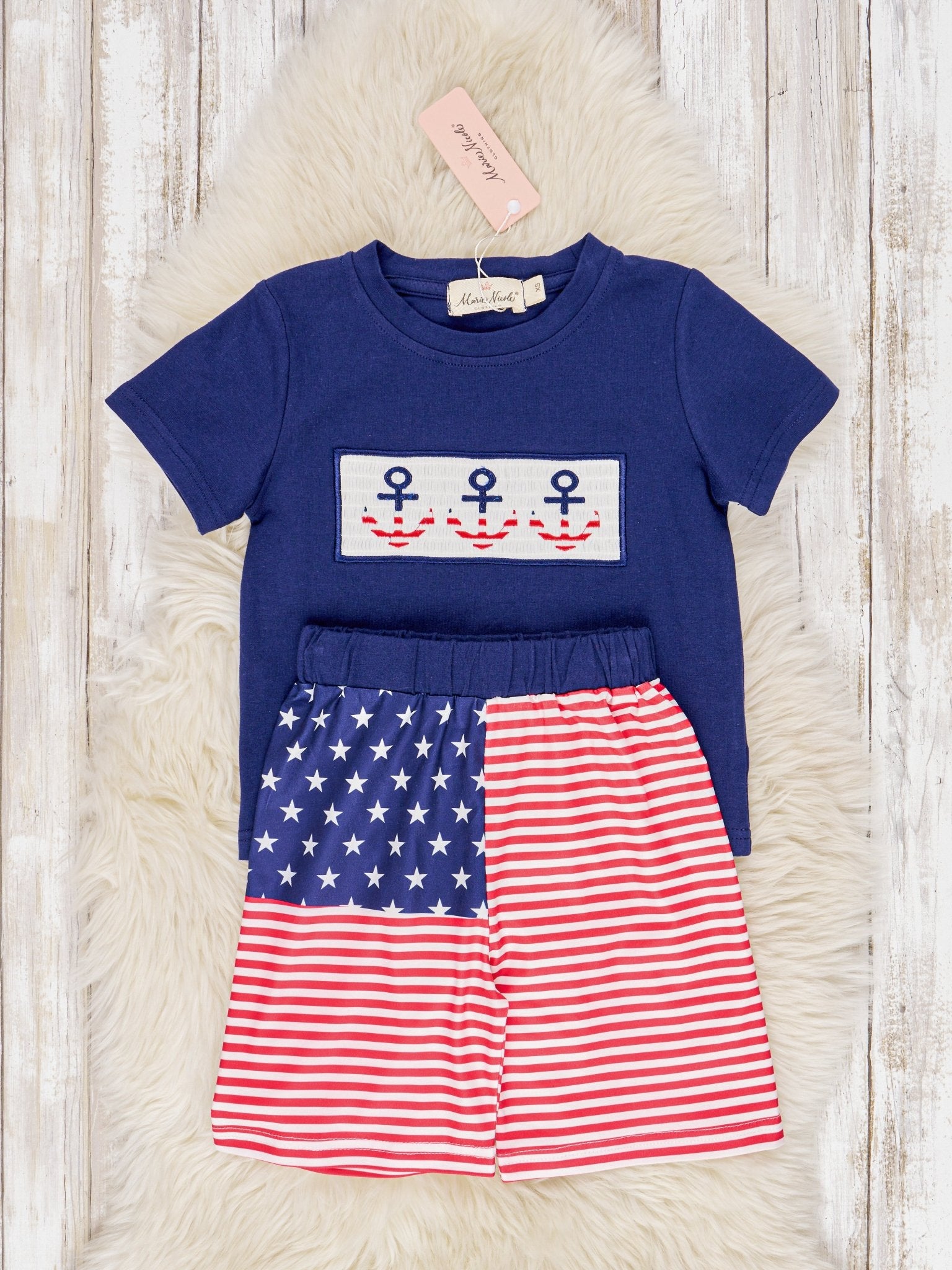 Smocked Patriotic Anchor Outfit - Marie Nicole Clothing