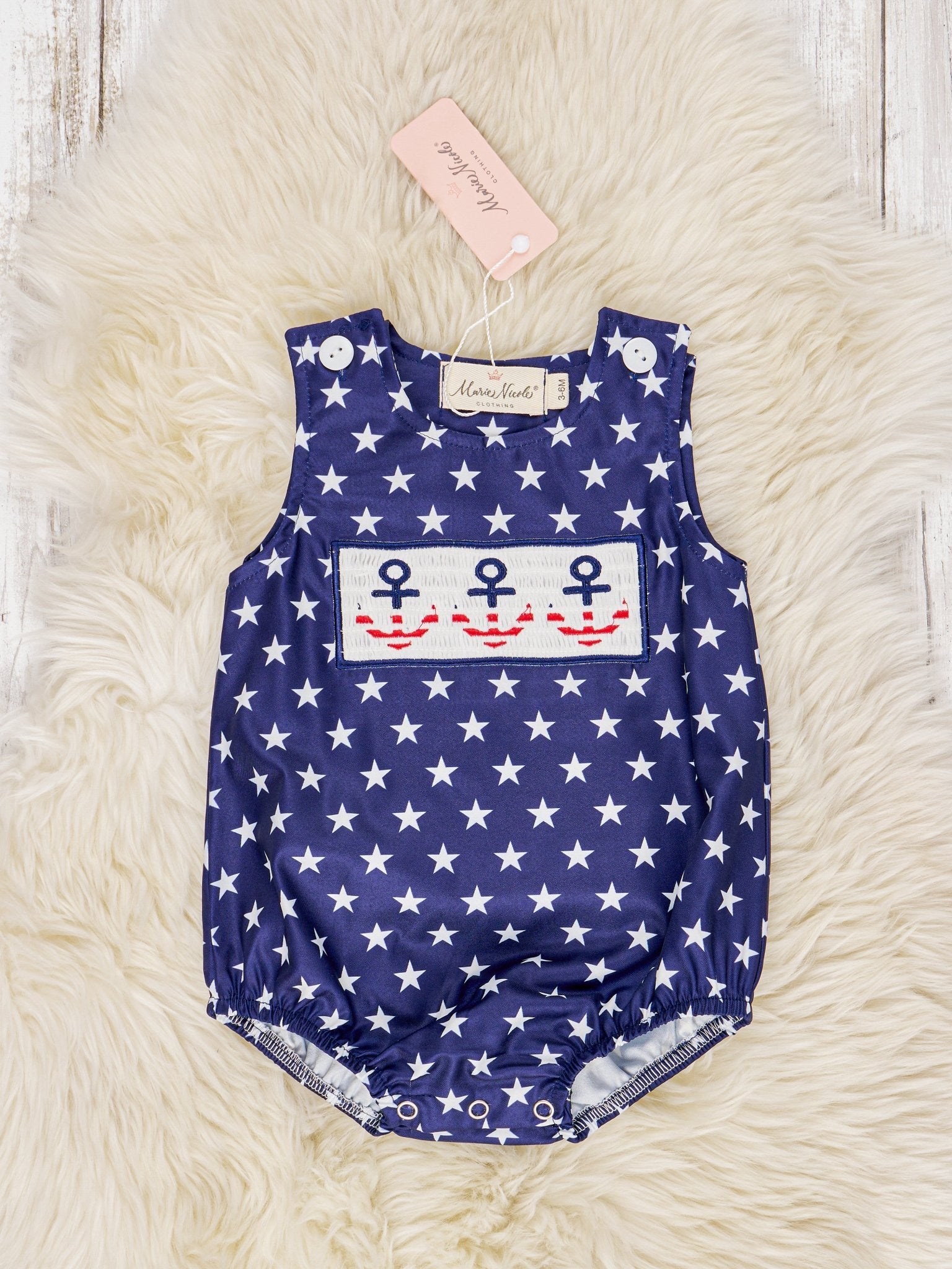 Smocked Patriotic Anchor Romper - Marie Nicole Clothing