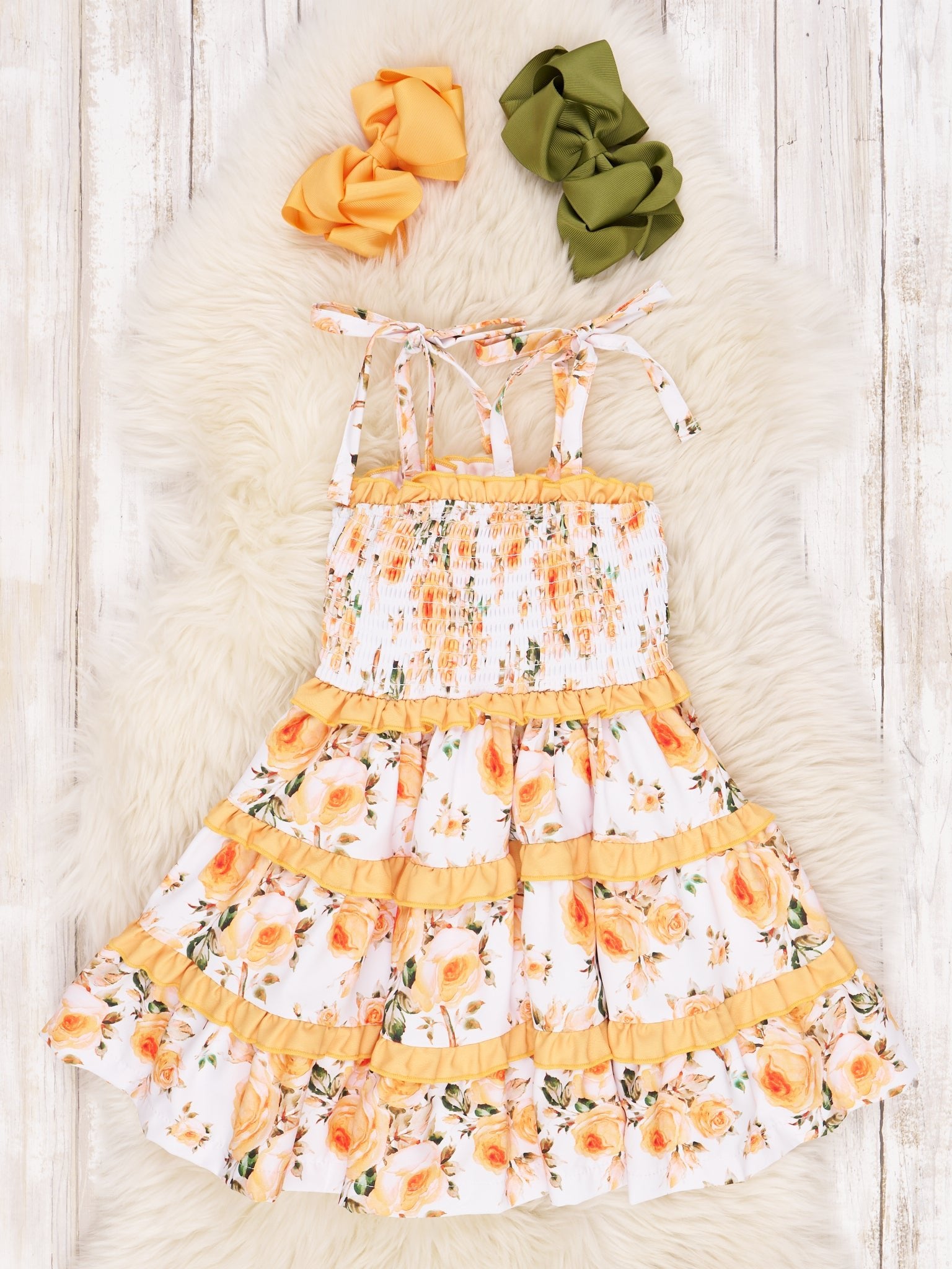 Orange Smocked Floral Tie Ruffle Dress - Marie Nicole Clothing